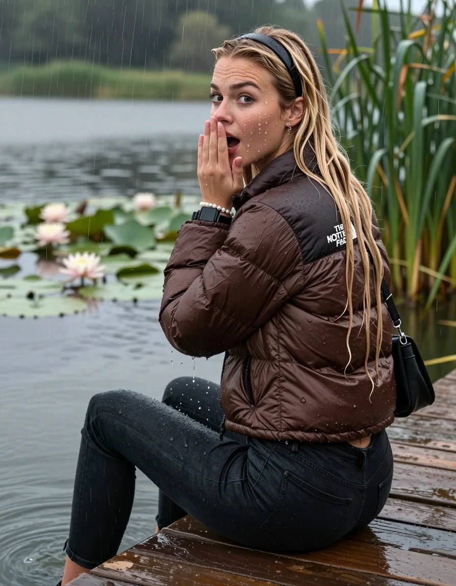 photo of young woman, in soaking wet, drenched clothes,
, tight Dark skinny jeans, brown north face puffer down jacket, Open jacket, tight v-neck sweater, shoulderbag, pearl necklace, bracelet, wristwatch,  jetty by the lake with water lilies and reeds, 
enjoying, wet clothes stuck to body,
detailed textures of the wet clothes, wet face, wet plastered hair,
wet, drenched, professional, high-quality details, full body view.
sharp focus, ultra-high pixel detail, realistic, high-quality, full colors, incredibly detailed, 4k, 8k, 16k, hyper-realistic, RAW photo, masterpiece, ultra-detailed, professionally color graded, professional photograph, A realistic vertical fashion photograph taken from a backward, behind-the-back angle of a 18-year-old teenage girl sitting on a jetty by the lake after diving in the water, facing to the camera to show her back. She is tilting her head at camera, letting the water drench her hair so it is glued flat against her head and body. She has two blonde sleek very long straight hair with hairband  , completely saturated and dripping wet hair, with water cascading down her face and neck. Afraid and astonished expression. cover her mouth with her hands. open mouth, big eyes. The lighting is bright and cinematic, highlighting the glistening water droplets on her skin and the saturated texture of her  casual clothes. Heavy rain is visible falling against her. Soft, moody indoor lighting with reflections on the water. High-quality fashion photography style.
her clothing is soaking wet and clinging tightly to her skin, showing heavy wet folds, darkened fabric texture, and deep water-saturated Patches, her clothes are heavy from the water, water runs from her body and her clothes in streams. A lot of water also runs out of her clothes. Her clothes are darkened by the water. 
hyper-realistic wetness, high-contrast water sheen, sharp focus, 16k resolution, professional photography, realistic water physics., wet skin, wet clothes, damp fabric, wet skin, wet clothes, damp fabric, wet skin, wet clothes, damp fabric, wet skin, wet clothes, damp fabric, wet skin, wet clothes, damp fabric, wet skin, wet clothes, damp fabric, wet skin, wet clothes, damp fabric, wet skin, wet clothes, damp fabric, wet skin, wet clothes, damp fabric, wet skin, wet clothes, damp fabric, wet skin, wet clothes, damp fabric, wet skin, wet clothes, damp fabric, wet skin, wet clothes, damp fabric, wet skin, wet clothes, damp fabric, wet skin, wet clothes, damp fabric, wet skin, wet clothes, damp fabric, wet skin, wet clothes, damp fabric, wet skin, wet clothes, damp fabric, wet skin, wet clothes, damp fabric, wet skin, wet clothes, damp fabric
