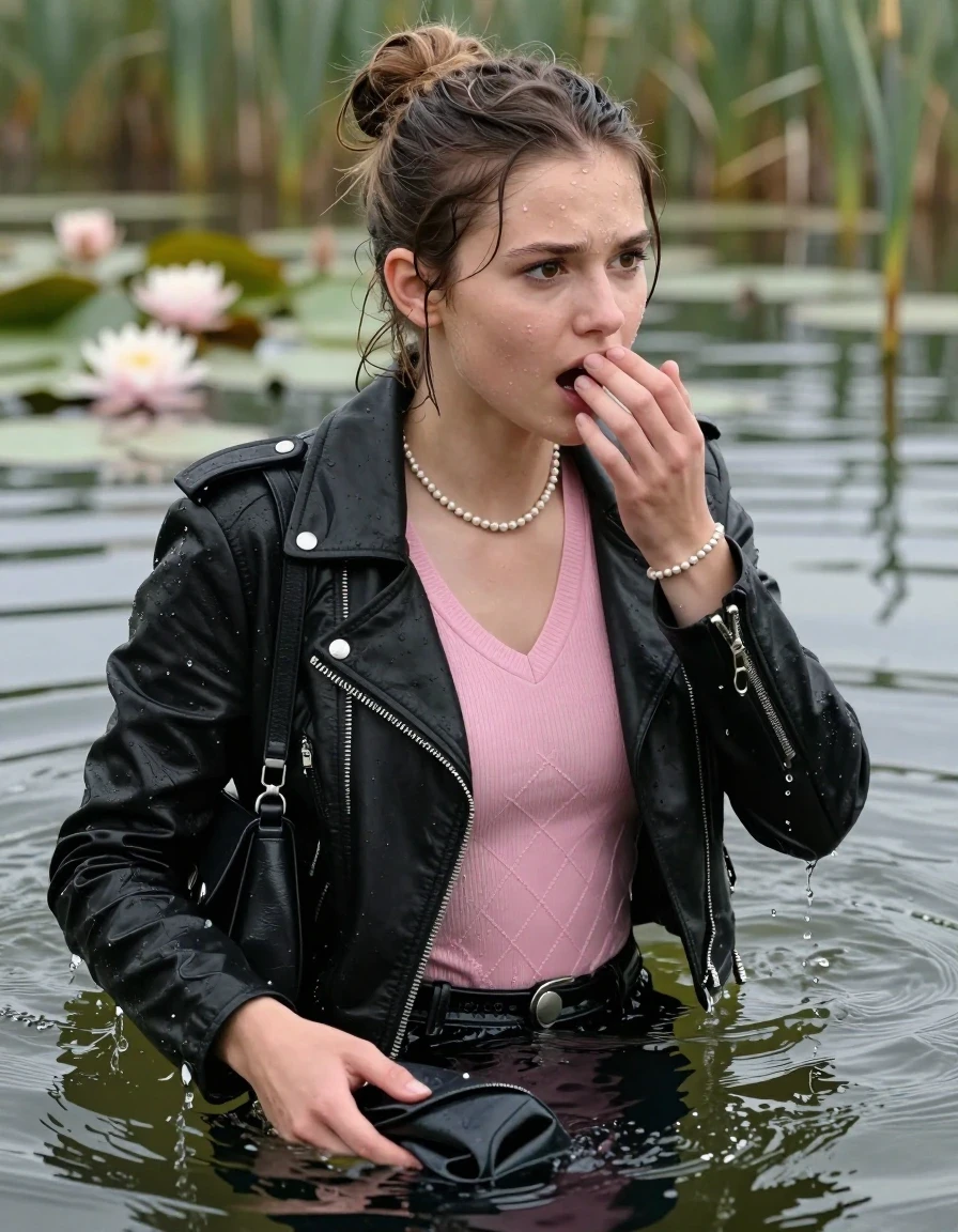 photo of young woman, in soaking wet, drenched clothes,
, , black biker leatherjacket, tight pink v-neck sweater with diamond pattern belly free, shoulderbag, pearl necklace, bracelet, wristwatch, Swimming and sinking deep into the water after diving in a lake with water lilies and reeds, 
enjoying, wet clothes stuck to body,
detailed textures of the wet clothes, wet face, wet plastered hair,
wet, drenched, professional, high-quality details, full body view.
sharp focus, ultra-high pixel detail, realistic, high-quality, full colors, incredibly detailed, 4k, 8k, 16k, hyper-realistic, RAW photo, masterpiece, ultra-detailed, professionally color graded, professional photograph, half-up with a topknot

15-years-old  teenage girl

Looking at side, Whole body and shoulders are submerged under the surface. open mouth, big eyes.

she is completely underwater up to her neck.

hold a hand over her mouth.

her submerged clothes are hardly visible under water, she soaked her handbag into the water
she is completely underwater up to her neck, worried and embarrassed expression. 

her clothing is soaking wet and clinging tightly to her skin, showing heavy wet folds, darkened fabric texture, and deep water-saturated Patches, her clothes are heavy from the water, water runs from her body and her clothes in streams. A lot of water also runs out of her clothes. Her clothes are darkened by the water. Her submerged clothes are good visible under the water.  she soaked her handbag into the water.

close up view, wet skin, wet clothes, wet hair, damp fabric, water runs down the clothes, wet skin, wet clothes, damp fabric. cinematic medium shot, hyper-realistic wetness, high-contrast water sheen, sharp focus, 16k resolution, professional photography, realistic water physics., wet skin, wet clothes, damp fabric, wet skin, wet clothes, damp fabric, wet skin, wet clothes, damp fabric, wet skin, wet clothes, damp fabric, wet skin, wet clothes, damp fabric