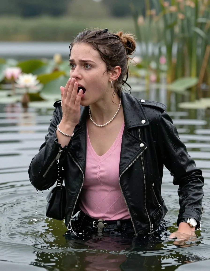 photo of young woman, in soaking wet, drenched clothes,
, , black biker leatherjacket, tight pink v-neck sweater with diamond pattern belly free, shoulderbag, pearl necklace, bracelet, wristwatch, Swimming and sinking deep into the water after diving in a lake with water lilies and reeds, 
enjoying, wet clothes stuck to body,
detailed textures of the wet clothes, wet face, wet plastered hair,
wet, drenched, professional, high-quality details, full body view.
sharp focus, ultra-high pixel detail, realistic, high-quality, full colors, incredibly detailed, 4k, 8k, 16k, hyper-realistic, RAW photo, masterpiece, ultra-detailed, professionally color graded, professional photograph, half-up with a topknot

19-years-old  teenage girl

Looking at side, Whole body and shoulders are submerged under the surface. open mouth, big eyes.

she is completely underwater up to her neck.

hold a hand over her mouth.

her submerged clothes are hardly visible under water, she soaked her handbag into the water
she is completely underwater up to her neck, frightened and astonished expression. 

her clothing is soaking wet and clinging tightly to her skin, showing heavy wet folds, darkened fabric texture, and deep water-saturated Patches, her clothes are heavy from the water, water runs from her body and her clothes in streams. A lot of water also runs out of her clothes. Her clothes are darkened by the water. Her submerged clothes are good visible under the water.  she soaked her handbag into the water.

close up view, wet skin, wet clothes, wet hair, damp fabric, water runs down the clothes, wet skin, wet clothes, damp fabric. cinematic medium shot, hyper-realistic wetness, high-contrast water sheen, sharp focus, 16k resolution, professional photography, realistic water physics., wet skin, wet clothes, damp fabric, wet skin, wet clothes, damp fabric, wet skin, wet clothes, damp fabric, wet skin, wet clothes, damp fabric, wet skin, wet clothes, damp fabric