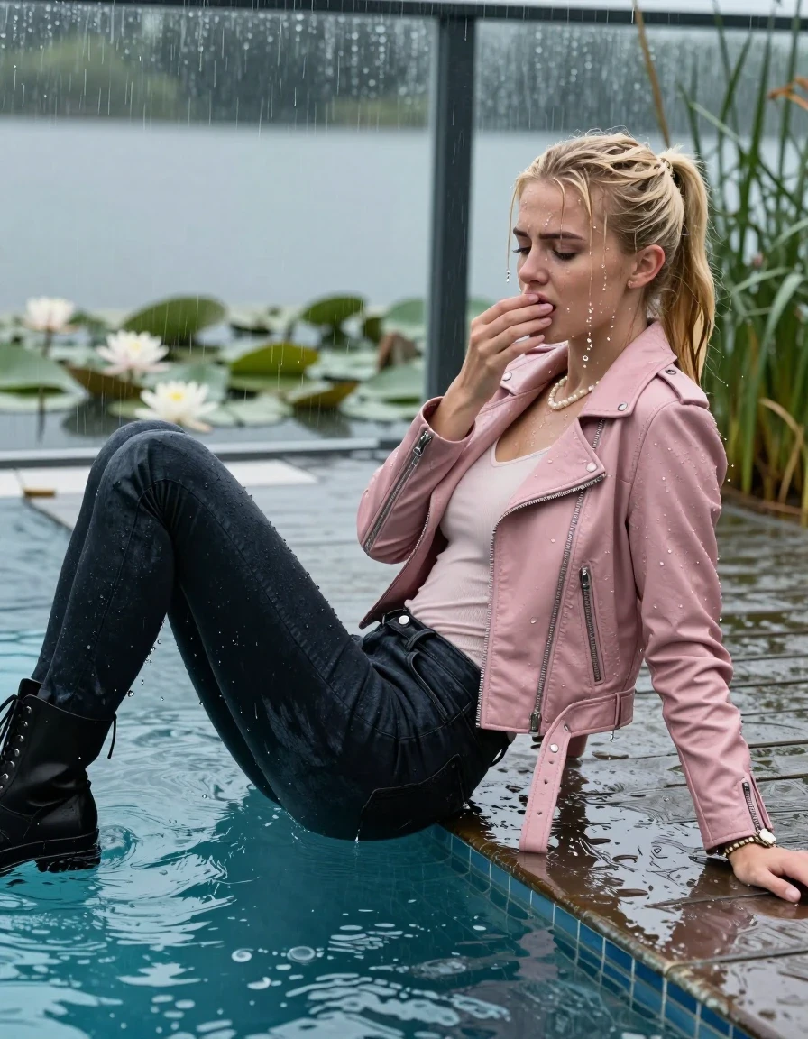 photo of young woman, in soaking wet, drenched clothes,
Black high boots, Dark levis skinny jeans , Light pink biker leatherjacket, tight v-neck sweater, shoulderbag, pearl necklace, bracelet, wristwatch, jetty by the lake with water lilies and reeds, 
enjoying, wet clothes stuck to body,
detailed textures of the wet clothes, wet face, wet plastered hair,
wet, drenched, professional, high-quality details, full body view.
sharp focus, ultra-high pixel detail, realistic, high-quality, full colors, incredibly detailed, 4k, 8k, 16k, hyper-realistic, RAW photo, masterpiece, ultra-detailed, professionally color graded, professional photograph, A realistic vertical fashion photograph taken from a backward, behind-the-back angle of a 15-year-old teenage girl lying  and slides in a glass-walled outdoor swimming pool, facing down to the camera to show her back. 

She is tilting her head at camera, letting the water drench her hair so it is glued flat against her head and body. 
She has  blonde hair with a sleek ponytail with bangs, completely saturated and dripping wet hair, with water cascading down her face and neck. She has heartache, is horny, wants to have an orgasm and needs a cooling. She hold her hands over her mouth. Slight Open mouth, half closed eyes. 

The lighting is bright and cinematic, highlighting the glistening water droplets and the saturated texture of her  casual clothes. Outside the large glass wall of the pool building, heavy rain is visible falling against the window. Soft, moody indoor lighting with reflections on the water. High-quality fashion photography style.
her clothing is soaking wet and clinging tightly to her skin, showing heavy wet folds, darkened fabric texture, and deep water-saturated Patches, her clothes are heavy from the water, water runs from her body and her clothes in streams. A lot of water also runs out of her clothes. Her clothes are darkened by the water. 
hyper-realistic wetness, high-contrast water sheen, sharp focus, 16k resolution, professional photography, realistic water physics., wet skin, wet clothes, damp fabric., wet skin, wet clothes, damp fabric, wet skin, wet clothes, damp fabric, wet skin, wet clothes, damp fabric, wet skin, wet clothes, damp fabric