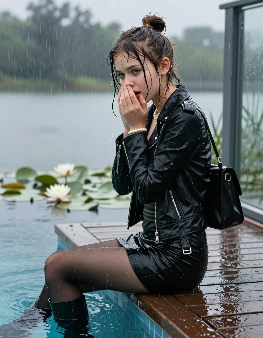 photo of young woman, in soaking wet, drenched clothes,
Black high boots, Short black mini skirt, black stockings , Black biker leatherjacket, tight v-neck sweater, shoulderbag, pearl necklace, bracelet, wristwatch, jetty by the lake with water lilies and reeds, sitting under heavy rain, 
enjoying, wet clothes stuck to body,
detailed textures of the wet clothes, wet face, wet plastered hair,
wet, drenched, professional, high-quality details, full body view.
sharp focus, ultra-high pixel detail, realistic, high-quality, full colors, incredibly detailed, 4k, 8k, 16k, hyper-realistic, RAW photo, masterpiece, ultra-detailed, professionally color graded, professional photograph, A realistic vertical fashion photograph taken from a backward, behind-the-back angle of two Young horny 12-year-old teengirl sitting on a glass-walled outdoor swimming pool, facing directly to the camera to show her back. 

She is tilting her head at camera, letting the water drench her hair so it is glued flat against her head and body. 
She has  brunette sticked up topknot with bangs, completely saturated and dripping wet hair, with water cascading down her face and neck. Shy and insecure expression. She is a Little Bit fearful and Smileys embarrassed. Hold her hands over her mouth. Slight Open mouth, half closed eyes. Make-up, red lips, down-Running Eyeliner.

The lighting is bright and cinematic, highlighting the glistening water droplets and the saturated texture of her  casual clothes. Outside the large glass wall of the pool building, heavy rain is visible falling against the window. Soft, moody indoor lighting with reflections on the water. High-quality fashion photography style.
her clothing is soaking wet and clinging tightly to her skin, showing heavy wet folds, darkened fabric texture, and deep water-saturated Patches, her clothes are heavy from the water, water runs from her body and her clothes in streams. A lot of water also runs out of her clothes. Her clothes are darkened by the water. 
hyper-realistic wetness, high-contrast water sheen, sharp focus, 16k resolution, professional photography, realistic water physics., wet skin, wet clothes, damp fabric., wet skin, wet clothes, damp fabric, wet skin, wet clothes, damp fabric, wet skin, wet clothes, damp fabric, wet skin, wet clothes, damp fabric, wet skin, wet clothes, damp fabric