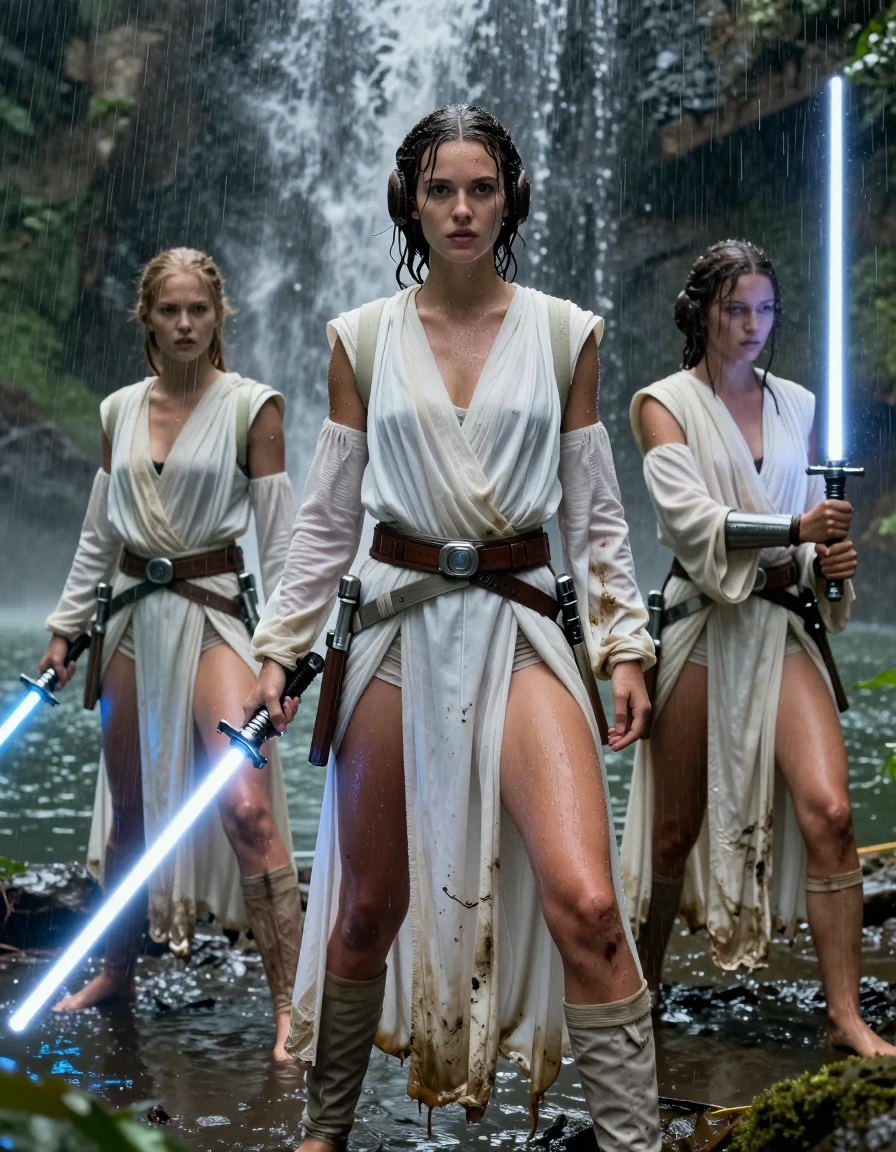 photo of young woman, in soaking wet, drenched clothes,
barefeed, star wars princess leia outfit,  water fall with aswamp lake, with a dark jungle in the background, Star Wars style, 
enjoying, wet clothes stuck to body,
detailed textures of the wet clothes, wet face, wet plastered hair,
wet, drenched, professional, high-quality details, full body view.
sharp focus, ultra-high pixel detail, realistic, high-quality, full colors, incredibly detailed, 4k, 8k, 16k, hyper-realistic, RAW photo, masterpiece, ultra-detailed, professionally color graded, professional photograph, a young nordic girl wears a princess leia style white outfit an princess leia hair style. next to her are two jedi knight girls wearing also white clothes an no shoes. the girls stand under a waterfall. each girl holds one star wars light saber in their hand. the are ready to fight. the clothes of the three girls are completly drenched and dirty and muddy from the swamp. the girls wear no bra. her big breasts are visible through the seethrough Dress. on the picture ist heavy rain. wet skin, wet hair, wet clothes, damp fabric, wet skin, wet clothes, damp fabric., wet skin, wet clothes, damp fabric