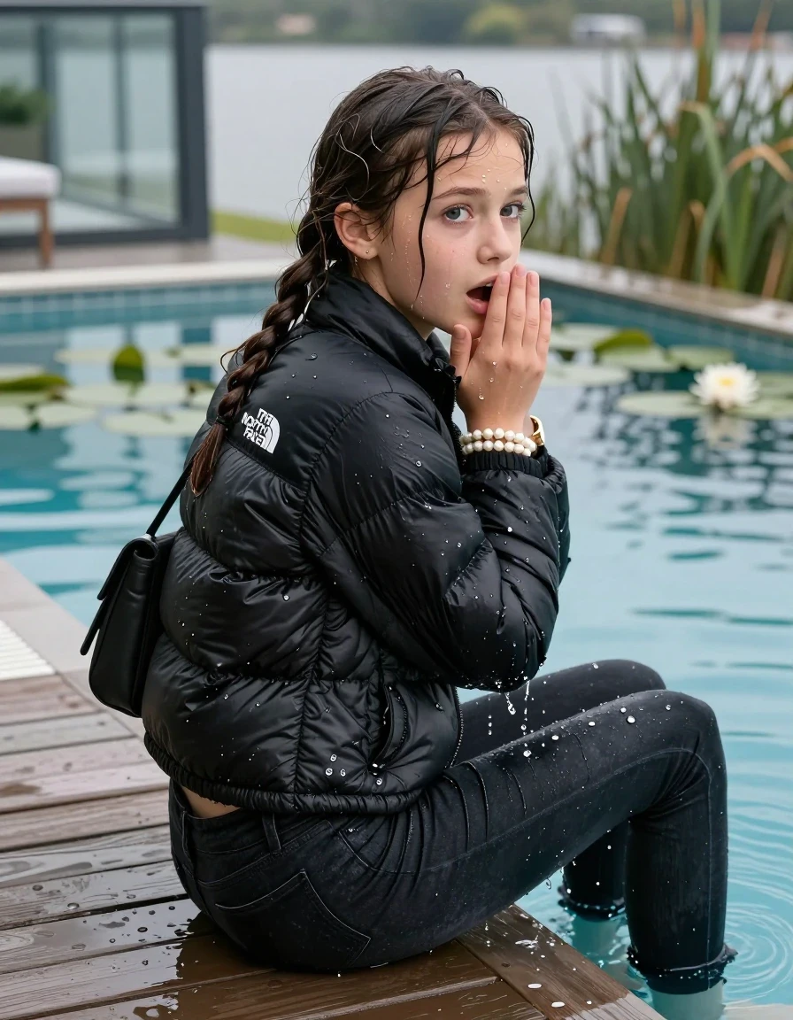photo of young woman, in soaking wet, drenched clothes,
, Dark levis skinny jeans, Black North face puffer down jacket, tight v-neck sweater, shoulderbag, pearl necklace, bracelet, wristwatch, jetty by the lake with water lilies and reeds, 
enjoying, wet clothes stuck to body,
detailed textures of the wet clothes, wet face, wet plastered hair,
wet, drenched, professional, high-quality details, full body view.
sharp focus, ultra-high pixel detail, realistic, high-quality, full colors, incredibly detailed, 4k, 8k, 16k, hyper-realistic, RAW photo, masterpiece, ultra-detailed, professionally color graded, professional photograph, A realistic vertical fashion photograph taken from a backward, behind-the-back angle of a 12-year-old girl sitting  and slides into a glass-walled outdoor swimming pool, facing to the camera to show her back. She is tilting her head at camera, letting the water drench her hair so it is glued flat against her head and body. She has completely saturated and dripping wet braided hair, with water cascading down her neck. Afraid and astonished expression. Hold her hands on her mouth. Big eyes. The lighting is bright and cinematic, highlighting the glistening water droplets on the saturated texture of her  casual clothes. Outside the large glass wall of the pool building, sunshine. Soft, moody indoor lighting with reflections on the water. High-quality fashion photography style.
her clothing is soaking wet and clinging tightly to her skin, showing heavy wet folds, darkened fabric texture, and deep water-saturated Patches, her clothes are heavy from the water, water runs from her body and her clothes in streams. A lot of water also runs out of her clothes. Her clothes are darkened by the water. 
hyper-realistic wetness, high-contrast water sheen, sharp focus, 16k resolution, professional photography, realistic water physics., wet skin, wet clothes, damp fabric., wet skin, wet clothes, damp fabric, wet skin, wet clothes, damp fabric, wet skin, wet clothes, damp fabric, wet skin, wet clothes, damp fabric, wet skin, wet clothes, damp fabric
