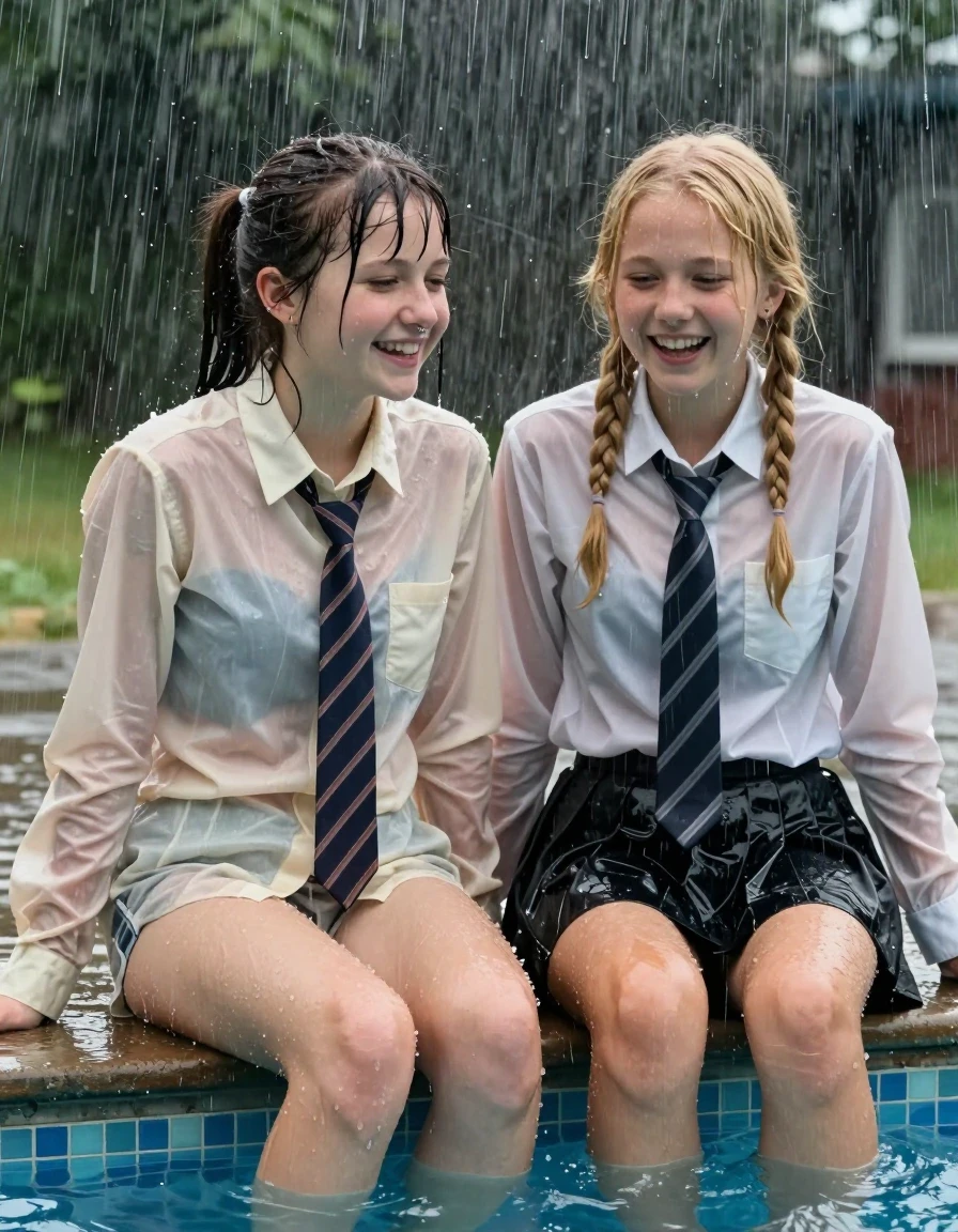 photo of young woman, in soaking wet, drenched clothes,
, , Long sleeve cream shirt and striped tie, 2 girls sitting on the edge of the pool while it pours water on them during a heavy storm, 
enjoying, wet clothes stuck to body,
detailed textures of the wet clothes, wet face, wet plastered hair,
wet, drenched, professional, high-quality details, full body view.
sharp focus, ultra-high pixel detail, realistic, high-quality, full colors, incredibly detailed, 4k, 8k, 16k, hyper-realistic, RAW photo, masterpiece, ultra-detailed, professionally color graded, professional photograph, 2 small college girls both having fun together. both similar age, a nineteen year old girl, she is small, young, petite, with a flat and slim body, a She has a wide square young face a very small chest, she is a pale brunette with a ponytail and bangs and a septum piercing, She is full of youthful energy, she is wearing a drenched cream long sleeve shirt and striped tie that clings to her body , and panties, her friend is slightly shorter, she has blonde hair, she is wearing black soaked pleated skirt and a long sleeve cream shirt and tie. her clothes darken from the water. She has a wide square face,, wet skin, wet clothes, damp fabric, wet skin, wet clothes, damp fabric, wet skin, wet clothes, damp fabric