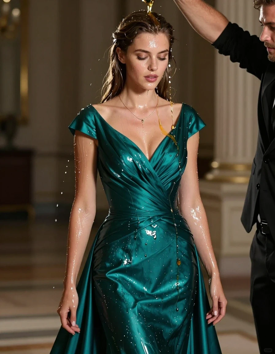 A stunning young adult European woman with a sexy, athletic physique, wearing a floor-length emerald teal formal gown with short cap sleeves and a thin, delicate plain necklace. The woman is drenched in a thick, glossy layer of oil being poured over her by a man standing nearby, resulting in hyper-realistic wet-look effects. Her skin and hair are glistening with viscous oil, and the emerald teal fabric of the gown is heavily saturated, darkened, and clinging to her body, showcasing deep color shifts, heavy wet folds, and intense specular highlights. The environment is an elegant, dimly lit interior where the oil reflects ambient light. Photorealistic, 8k resolution, cinematic lighting, sharp focus on the texture of the oil and the soaked fabric, high-contrast reflections, professional photography.