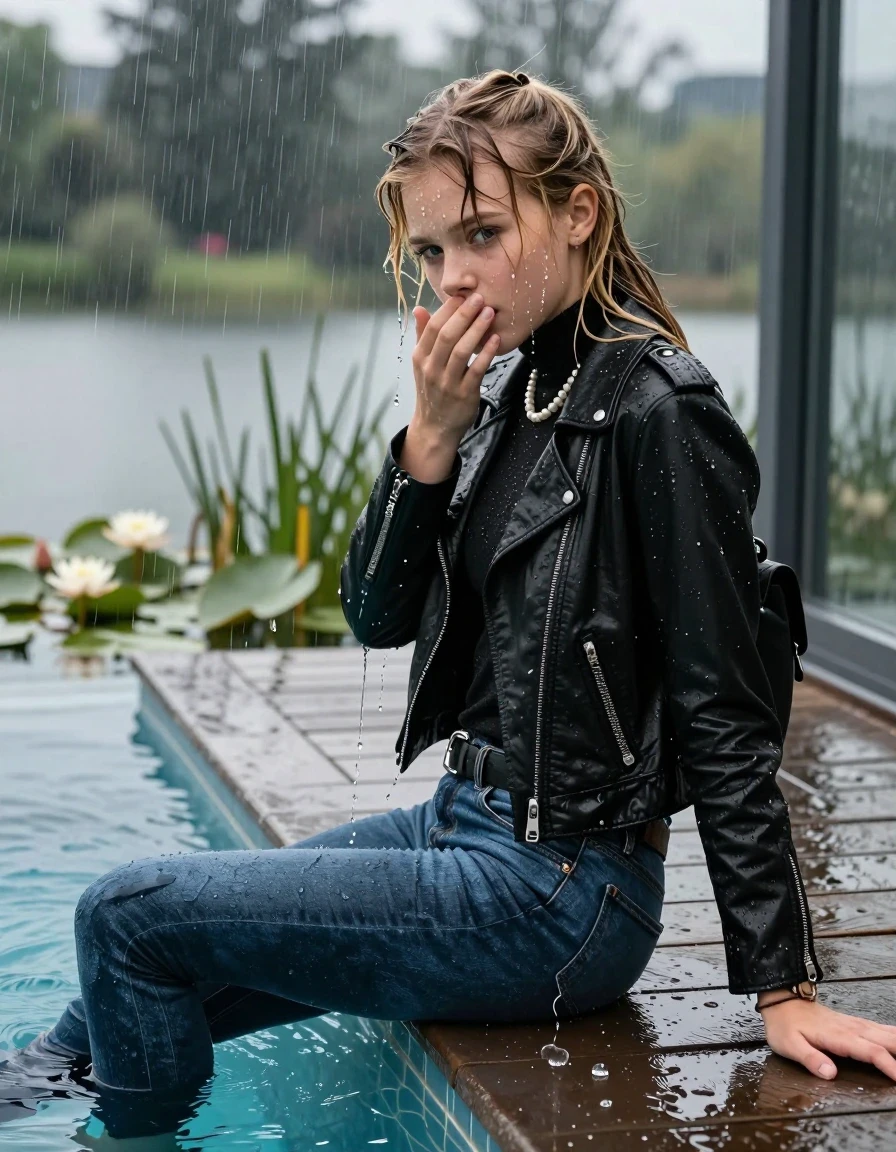 photo of young woman, in soaking wet, drenched clothes,
Flats, Skinny Levis jeans with belt, Black biker leatherjacket, tight knitted turtleneck sweater, shoulderbag, pearl necklace, bracelet, wristwatch, jetty by the lake with water lilies and reeds, 
enjoying, wet clothes stuck to body,
detailed textures of the wet clothes, wet face, wet plastered hair,
wet, drenched, professional, high-quality details, full body view.
sharp focus, ultra-high pixel detail, realistic, high-quality, full colors, incredibly detailed, 4k, 8k, 16k, hyper-realistic, RAW photo, masterpiece, ultra-detailed, professionally color graded, professional photograph, A realistic vertical fashion photograph taken from a backward, behind-the-back angle of a 12-year-old teengirl sitting  and slides in a glass-walled outdoor swimming pool, facing down to the camera to show her back. 

She is tilting her head back directly at the Camera , letting the water drench her hair so it is glued flat against her head and body. 
She has  blonde hair with a half-up topknot and bangs, completely saturated and dripping wet hair, with water cascading down her face and neck. Shy and insecure expression. She is a Little Bit fearful. Hold a flat hand in Front of her mouth. Slight Open mouth, half closed eyes. 

The lighting is bright and cinematic, highlighting the glistening water droplets and the saturated texture of her  casual clothes. Outside the large glass wall of the pool building, heavy rain is visible falling against the window. Soft, moody indoor lighting with reflections on the water. High-quality fashion photography style.
her clothing is soaking wet and clinging tightly to her skin, showing heavy wet folds, darkened fabric texture, and deep water-saturated Patches, her clothes are heavy from the water, water runs from her body and her clothes in streams. A lot of water also runs out of her clothes. Her clothes are darkened by the water. 
hyper-realistic wetness, high-contrast water sheen, sharp focus, 16k resolution, professional photography, realistic water physics., wet skin, wet clothes, damp fabric., wet skin, wet clothes, damp fabric, wet skin, wet clothes, damp fabric, wet skin, wet clothes, damp fabric, wet skin, wet clothes, damp fabric
