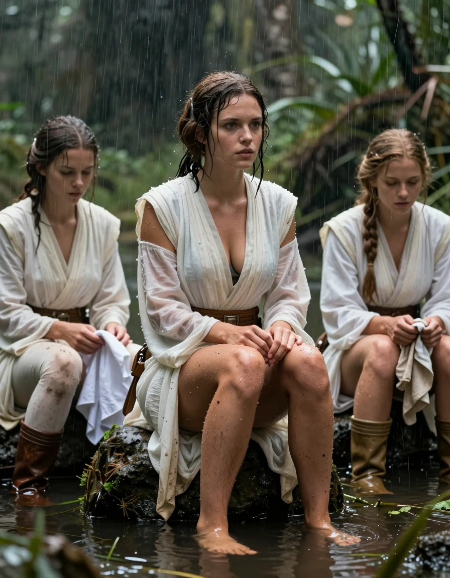 photo of young woman, in soaking wet, drenched clothes,
barefeed, star wars princess leia outfit, swamp lake, with a dark jungle in the background, Star Wars style, 
enjoying, wet clothes stuck to body,
detailed textures of the wet clothes, wet face, wet plastered hair,
wet, drenched, professional, high-quality details, full body view.
sharp focus, ultra-high pixel detail, realistic, high-quality, full colors, incredibly detailed, 4k, 8k, 16k, hyper-realistic, RAW photo, masterpiece, ultra-detailed, professionally color graded, professional photograph, a young nordic girl wears a princess leia style white outfit an princess leia hair style. next to her stand two jedi knight girl wearing also white clothes. the girls sitting on a stone in the swamp lake and clean their clothes and boots with water from the lake. the clothes of the three girls are completly drenched and dirty and muddy from the swamp. the girls wear no bra. her big breasts are visible through the seethrough Dress. on the picture ist heavy rain. wet skin, wet hair, wet clothes, damp fabric, wet skin, wet clothes, damp fabric, wet skin, wet clothes, damp fabric