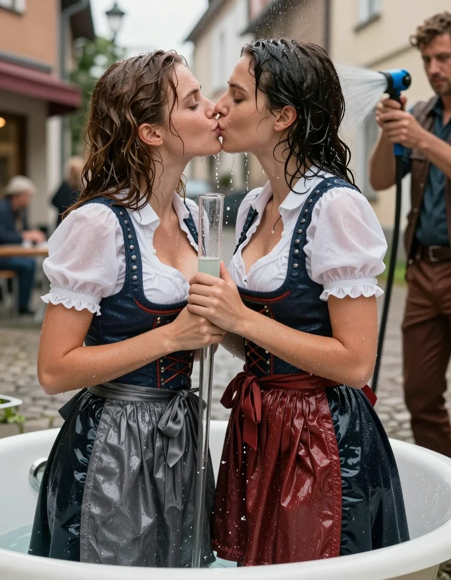 photo of young woman, in soaking wet, drenched clothes,
nothing, nothing, dirndl with white blouse, glass bath tube, background street, 
enjoying, wet clothes stuck to body,
detailed textures of the wet clothes, wet face, wet plastered hair,
wet, drenched, professional, high-quality details, full body view.
sharp focus, ultra-high pixel detail, realistic, high-quality, full colors, incredibly detailed, 4k, 8k, 16k, hyper-realistic, RAW photo, masterpiece, ultra-detailed, professionally color graded, professional photograph, Zwei Frauen in Dirndl  sehen in der bath tube und Küssen sich. eine Frau steht hinter der anderen und hält die Brüste der anderen frau. die dirndl  der Frauen sind komplett nass. die blusen kleben am Körper. Ein Mann in lederhosen steht neben der bath tube und spritzt die beiden Frauen mit einem Gartenschlauch nass., wet skin, wet clothes, damp fabric, wet skin, wet clothes, damp fabric
