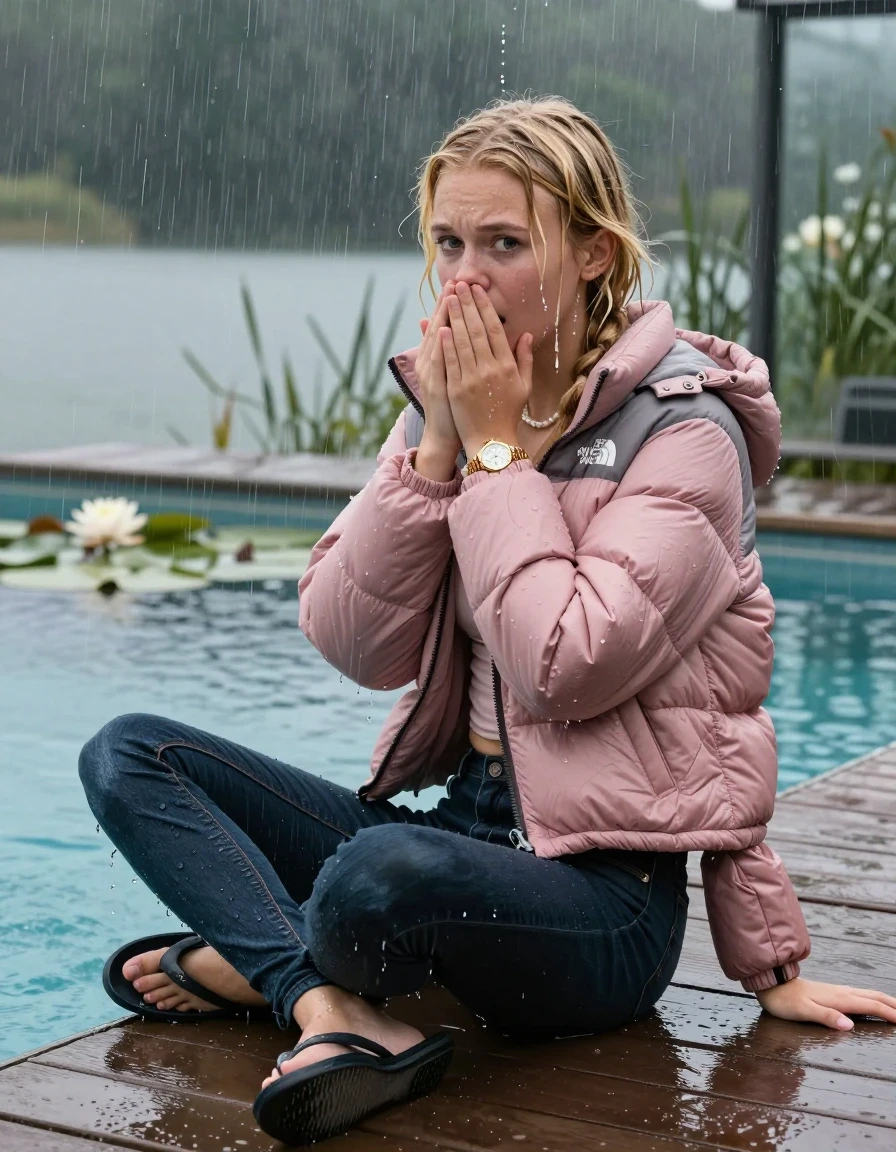 photo of young woman, in soaking wet, drenched clothes,
Flip Flops , Dark tight skinny Levi’s Jeans , Pink North face puffer down jacket, tight v-neck sweater, shoulderbag, pearl necklace, bracelet, wristwatch, jetty by the lake with water lilies and reeds, sitting under heavy rain, 
enjoying, wet clothes stuck to body,
detailed textures of the wet clothes, wet face, wet plastered hair,
wet, drenched, professional, high-quality details, full body view.
sharp focus, ultra-high pixel detail, realistic, high-quality, full colors, incredibly detailed, 4k, 8k, 16k, hyper-realistic, RAW photo, masterpiece, ultra-detailed, professionally color graded, professional photograph, A realistic vertical fashion photograph taken from a backward, behind-the-back angle of a Young horny 12-year-old teengirl sitting  and slides in a glass-walled outdoor swimming pool, facing to the camera to show her back. 

She is tilting her head at camera, letting the water drench her hair so it is glued flat against her head and body. 
She has  blonde pigtails, completely saturated and dripping wet hair, with water cascading down her face and neck. Worried and Astonished expression. Hold her hands over her mouth and nose. Slight Open mouth, half closed eyes. 

The lighting is bright and cinematic, highlighting the glistening water droplets and the saturated texture of her  casual clothes. Outside the large glass wall of the pool building, heavy rain is visible falling against the window. Soft, moody indoor lighting with reflections on the water. High-quality fashion photography style.
her clothing is soaking wet and clinging tightly to her skin, showing heavy wet folds, darkened fabric texture, and deep water-saturated Patches, her clothes are heavy from the water, water runs from her body and her clothes in streams. A lot of water also runs out of her clothes. Her clothes are darkened by the water. 
hyper-realistic wetness, high-contrast water sheen, sharp focus, 16k resolution, professional photography, realistic water physics., wet skin, wet clothes, damp fabric., wet skin, wet clothes, damp fabric, wet skin, wet clothes, damp fabric, wet skin, wet clothes, damp fabric, wet skin, wet clothes, damp fabric