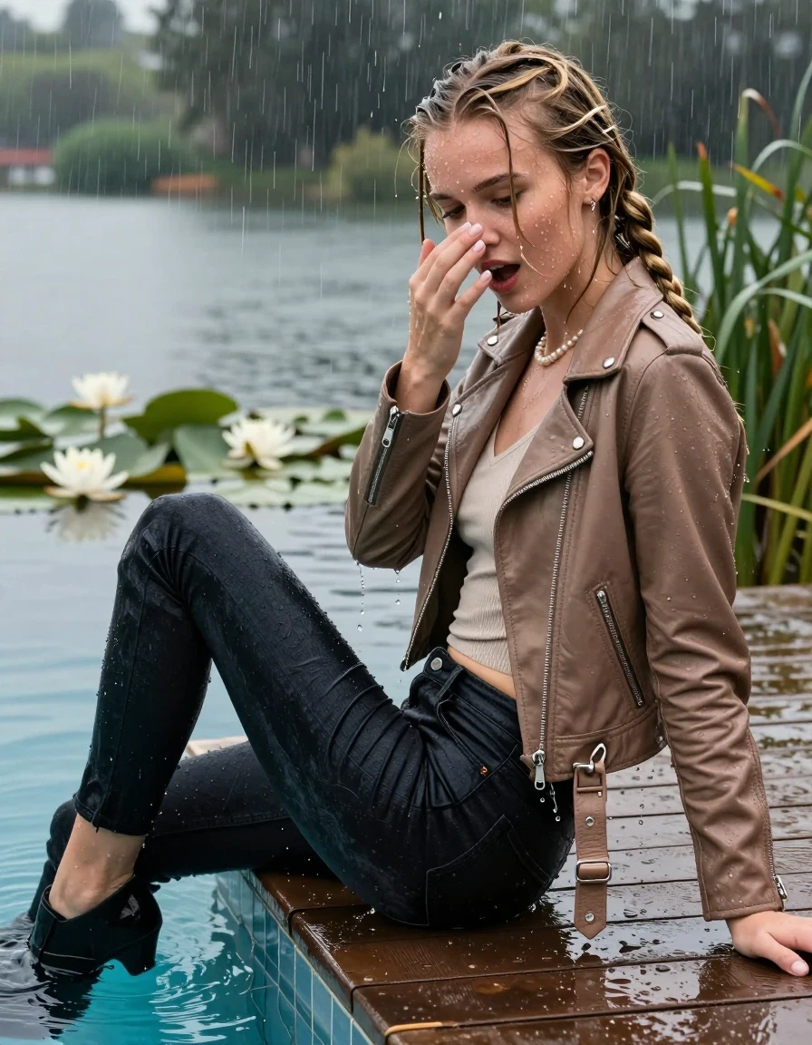 photo of young woman, in soaking wet, drenched clothes,
Black heels, Dark levis skinny jeans, Light brown biker leatherjacket, tight v-neck sweater, shoulderbag, pearl necklace, bracelet, wristwatch, jetty by the lake with water lilies and reeds, 
enjoying, wet clothes stuck to body,
detailed textures of the wet clothes, wet face, wet plastered hair,
wet, drenched, professional, high-quality details, full body view.
sharp focus, ultra-high pixel detail, realistic, high-quality, full colors, incredibly detailed, 4k, 8k, 16k, hyper-realistic, RAW photo, masterpiece, ultra-detailed, professionally color graded, professional photograph, A realistic vertical fashion photograph taken from a backward, behind-the-back angle of a 12-year-old girl sitting  and slides into a glass-walled outdoor swimming pool, facing down to the camera to show her back. She is tilting her head at camera, letting the water drench her hair so it is glued flat against her head and body. She has  blonde braided hair, completely saturated and dripping wet hair, with water cascading down her face and neck. Horny Excited and astonished expression. Hold a hand in Front of her nose. Slight Open mouth, half closed eyes. The lighting is bright and cinematic, highlighting the glistening water droplets on her skin and the saturated texture of her  casual clothes. Outside the large glass wall of the pool building, heavy rain is visible falling against the window. Soft, moody indoor lighting with reflections on the water. High-quality fashion photography style.
her clothing is soaking wet and clinging tightly to her skin, showing heavy wet folds, darkened fabric texture, and deep water-saturated Patches, her clothes are heavy from the water, water runs from her body and her clothes in streams. A lot of water also runs out of her clothes. Her clothes are darkened by the water. 
hyper-realistic wetness, high-contrast water sheen, sharp focus, 16k resolution, professional photography, realistic water physics., wet skin, wet clothes, damp fabric., wet skin, wet clothes, damp fabric, wet skin, wet clothes, damp fabric, wet skin, wet clothes, damp fabric