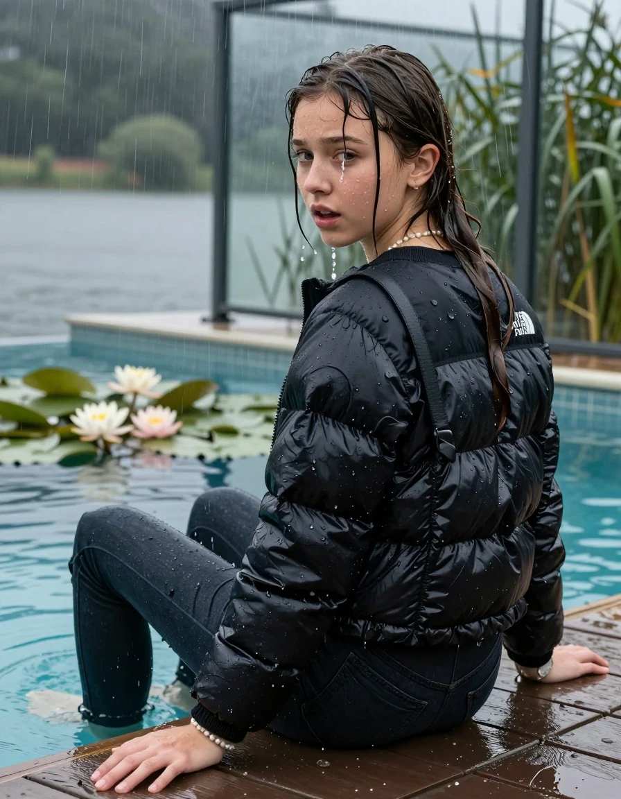 photo of young woman, in soaking wet, drenched clothes,
, Dark levis skinny jeans, Black North face puffer down jacket, tight v-neck sweater, shoulderbag, pearl necklace, bracelet, wristwatch, jetty by the lake with water lilies and reeds, 
enjoying, wet clothes stuck to body,
detailed textures of the wet clothes, wet face, wet plastered hair,
wet, drenched, professional, high-quality details, full body view.
sharp focus, ultra-high pixel detail, realistic, high-quality, full colors, incredibly detailed, 4k, 8k, 16k, hyper-realistic, RAW photo, masterpiece, ultra-detailed, professionally color graded, professional photograph, A realistic vertical fashion photograph taken from a backward, behind-the-back angle of a 12-year-old girl sitting  and slides into a glass-walled outdoor swimming pool, facing down to the camera to show her back. She is tilting her head at camera, letting the water drench her hair so it is glued flat against her head and body. She has completely saturated and dripping wet hair, with water cascading down her face and neck. Afraid and astonished expression. Hold her hands on her knees. Half closed eyes. The lighting is bright and cinematic, highlighting the glistening water droplets on her skin and the saturated texture of her  casual clothes. Outside the large glass wall of the pool building, heavy rain is visible falling against the window. Soft, moody indoor lighting with reflections on the water. High-quality fashion photography style.
her clothing is soaking wet and clinging tightly to her skin, showing heavy wet folds, darkened fabric texture, and deep water-saturated Patches, her clothes are heavy from the water, water runs from her body and her clothes in streams. A lot of water also runs out of her clothes. Her clothes are darkened by the water. 
hyper-realistic wetness, high-contrast water sheen, sharp focus, 16k resolution, professional photography, realistic water physics., wet skin, wet clothes, damp fabric., wet skin, wet clothes, damp fabric, wet skin, wet clothes, damp fabric