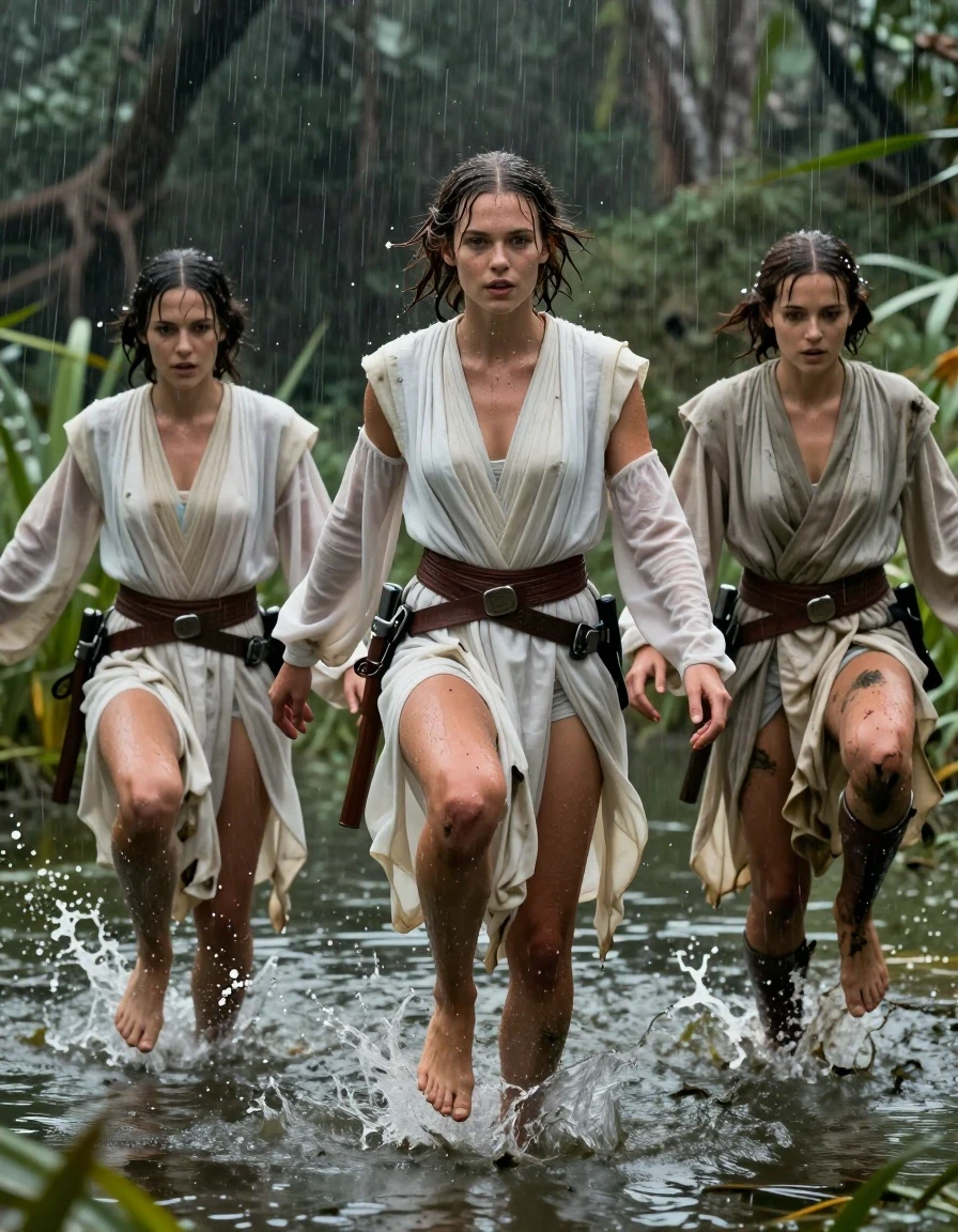 photo of young woman, in soaking wet, drenched clothes,
barefeed, star wars princess leia outfit, swamp lake, with a dark jungle in the background, Star Wars style, 
enjoying, wet clothes stuck to body,
detailed textures of the wet clothes, wet face, wet plastered hair,
wet, drenched, professional, high-quality details, full body view.
sharp focus, ultra-high pixel detail, realistic, high-quality, full colors, incredibly detailed, 4k, 8k, 16k, hyper-realistic, RAW photo, masterpiece, ultra-detailed, professionally color graded, professional photograph, a young nordic girl wears a princess leia style white outfit an princess leia hair style. next to her are two jedi knight girl wearing also white clothes. the girls juming  in the swamp lake with a big splash. the clothes of the three girls are completly drenched and dirty and muddy from the swamp. the girls wear no bra. her big breasts are visible through the seethrough Dress. on the picture ist heavy rain. wet skin, wet hair, wet clothes, damp fabric, wet skin, wet clothes, damp fabric, wet skin, wet clothes, damp fabric