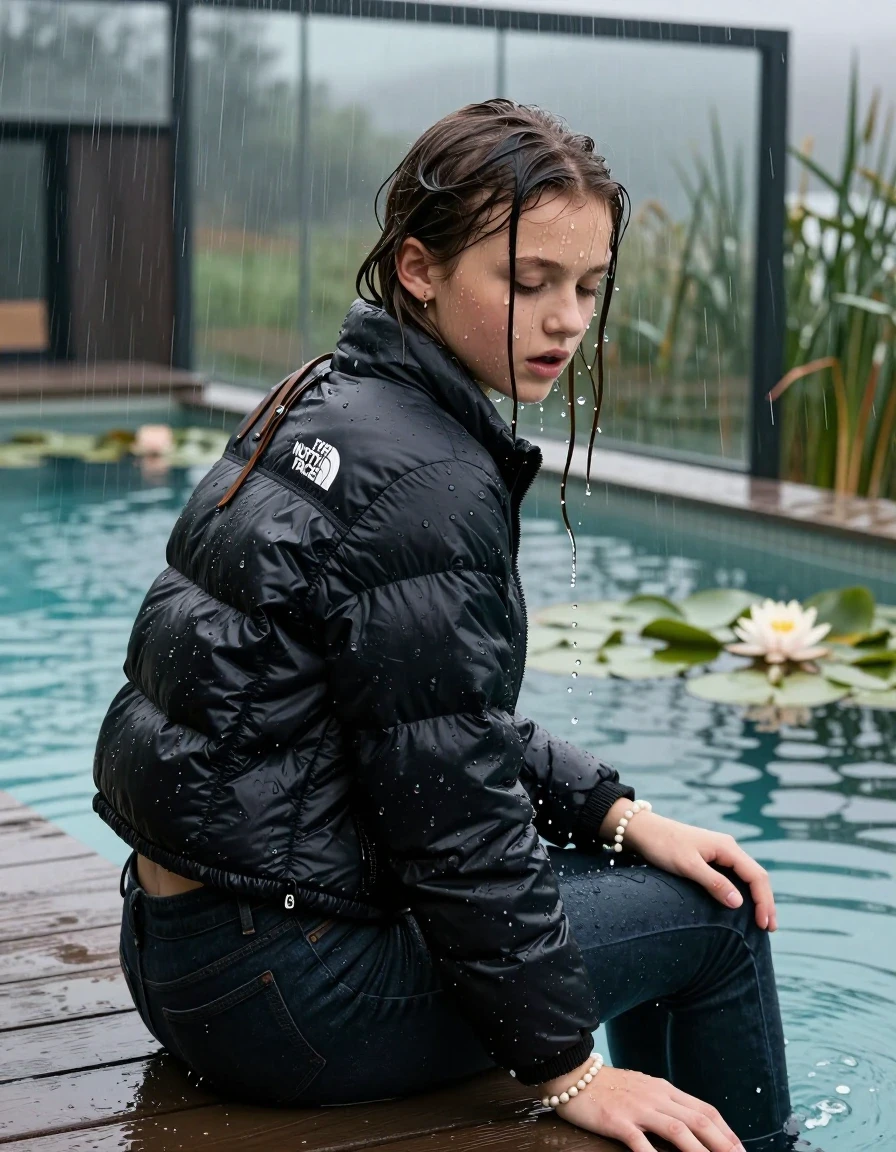photo of young woman, in soaking wet, drenched clothes,
, Dark levis skinny jeans, Black North face puffer down jacket, tight v-neck sweater, shoulderbag, pearl necklace, bracelet, wristwatch, jetty by the lake with water lilies and reeds, 
enjoying, wet clothes stuck to body,
detailed textures of the wet clothes, wet face, wet plastered hair,
wet, drenched, professional, high-quality details, full body view.
sharp focus, ultra-high pixel detail, realistic, high-quality, full colors, incredibly detailed, 4k, 8k, 16k, hyper-realistic, RAW photo, masterpiece, ultra-detailed, professionally color graded, professional photograph, A realistic vertical fashion photograph taken from a backward, behind-the-back angle of a 12-year-old girl sitting  and slides into a glass-walled outdoor swimming pool, facing down to the camera to show her back. She is tilting her head at camera, letting the water drench her hair so it is glued flat against her head and body. She has completely saturated and dripping wet hair, with water cascading down her face and neck. Afraid and astonished expression. Hold her hands on her knees. Half closed eyes. The lighting is bright and cinematic, highlighting the glistening water droplets on her skin and the saturated texture of her  casual clothes. Outside the large glass wall of the pool building, heavy rain is visible falling against the window. Soft, moody indoor lighting with reflections on the water. High-quality fashion photography style.
her clothing is soaking wet and clinging tightly to her skin, showing heavy wet folds, darkened fabric texture, and deep water-saturated Patches, her clothes are heavy from the water, water runs from her body and her clothes in streams. A lot of water also runs out of her clothes. Her clothes are darkened by the water. 
hyper-realistic wetness, high-contrast water sheen, sharp focus, 16k resolution, professional photography, realistic water physics., wet skin, wet clothes, damp fabric., wet skin, wet clothes, damp fabric, wet skin, wet clothes, damp fabric
