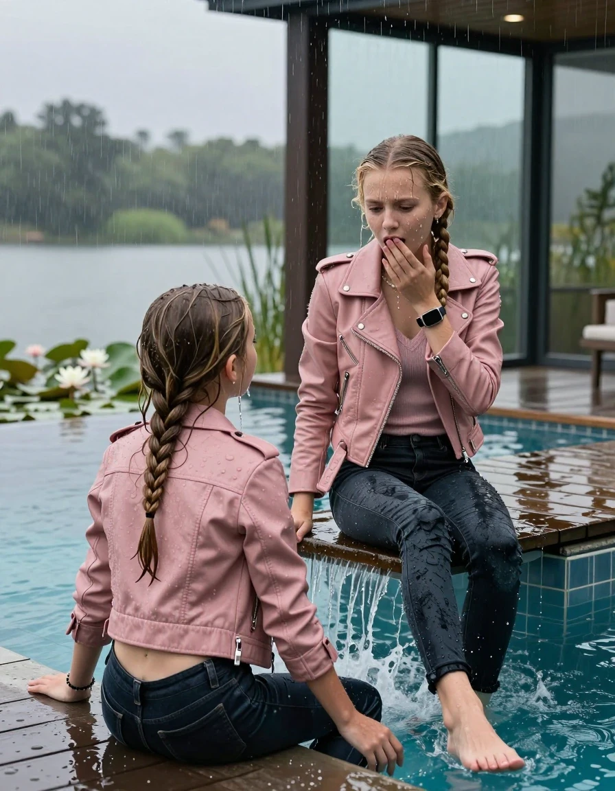 photo of young woman, in soaking wet, drenched clothes,
Pumps, Dark levis skinny jeans, Light pink biker leatherjacket, tight v-neck sweater, shoulderbag, pearl necklace, bracelet, wristwatch, jetty by the lake with water lilies and reeds, 
enjoying, wet clothes stuck to body,
detailed textures of the wet clothes, wet face, wet plastered hair,
wet, drenched, professional, high-quality details, full body view.
sharp focus, ultra-high pixel detail, realistic, high-quality, full colors, incredibly detailed, 4k, 8k, 16k, hyper-realistic, RAW photo, masterpiece, ultra-detailed, professionally color graded, professional photograph, A realistic vertical fashion photograph taken from a backward, behind-the-back angle of two 12-year-old girls with different outfits sitting  and slides into a glass-walled outdoor swimming pool, facing down to the camera to show her back. She is tilting her head at camera, letting the water drench her hair so it is glued flat against her head and body. She has  blonde braided hair, completely saturated and dripping wet hair, with water cascading down her face and neck. Afraid and astonished expression. hands on her mouth, half closed eyes. The lighting is bright and cinematic, highlighting the glistening water droplets on her skin and the saturated texture of her  casual clothes. Outside the large glass wall of the pool building, heavy rain is visible falling against the window. Soft, moody indoor lighting with reflections on the water. High-quality fashion photography style.
her clothing is soaking wet and clinging tightly to her skin, showing heavy wet folds, darkened fabric texture, and deep water-saturated Patches, her clothes are heavy from the water, water runs from her body and her clothes in streams. A lot of water also runs out of her clothes. Her clothes are darkened by the water. 
hyper-realistic wetness, high-contrast water sheen, sharp focus, 16k resolution, professional photography, realistic water physics., wet skin, wet clothes, damp fabric., wet skin, wet clothes, damp fabric, wet skin, wet clothes, damp fabric