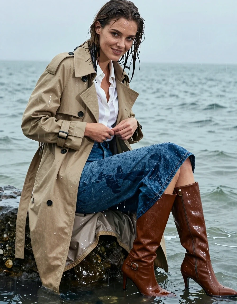A young adult European woman with wet skin and hair, seated in the sea, medium full-body shot. She is wearing a white long blouse under an oversized beige trench coat, both drenched in heavy rain with dark saturated patches and water droplets clinging to the hem. She wears a tapered tailored skirt in soaking-wet blue denim, water-saturated heavyweight denim, blue changed to deep navy and indigo, substantially darker unevenly soaked patches, absorbed water, heavy wet folds, visible weave and stitching, and strong glossy specular reflections on the raised weave, seams, and creases. On her feet are brown leather knee-high stiletto boots with a buckle, completely soaked and glistening. She is fumbling with her dripping wet clothes, smiling at the camera. Cinematic natural lighting, sharp focus on fabric weave, 85mm lens, editorial fashion photography style, hyper-realistic water textures, provocative, high-fidelity skin textures, clear anatomy.