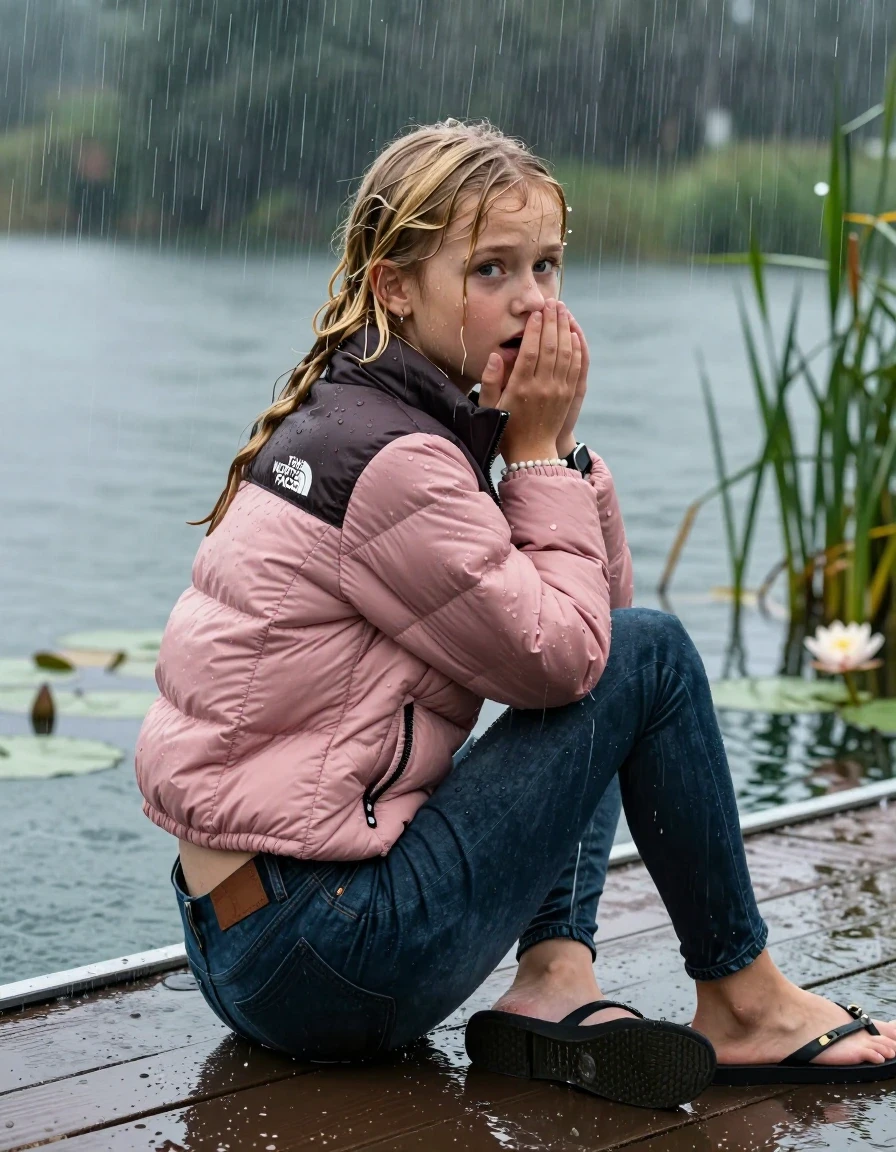 photo of young woman, in soaking wet, drenched clothes,
Havaianas, Dark tight skinny Levi’s Jeans , Pink North face puffer down jacket, tight v-neck sweater, shoulderbag, pearl necklace, bracelet, wristwatch, jetty by the lake with water lilies and reeds, sitting under heavy rain, 
enjoying, wet clothes stuck to body,
detailed textures of the wet clothes, wet face, wet plastered hair,
wet, drenched, professional, high-quality details, full body view.
sharp focus, ultra-high pixel detail, realistic, high-quality, full colors, incredibly detailed, 4k, 8k, 16k, hyper-realistic, RAW photo, masterpiece, ultra-detailed, professionally color graded, professional photograph, A realistic vertical fashion photograph taken from a backward, behind-the-back angle of a Young horny 12-year-old teengirl sitting  and slides in a glass-walled outdoor swimming pool, facing to the camera to show her back. 

She is tilting her head at camera, letting the water drench her hair so it is glued flat against her head and body. 
She has  blonde pigtails, completely saturated and dripping wet hair, with water cascading down her face and neck. Worried and Astonished expression. Hold her hands over her mouth and nose. Slight Open mouth, big eyes. 

The lighting is bright and cinematic, highlighting the glistening water droplets and the saturated texture of her  casual clothes. Outside the large glass wall of the pool building, heavy rain is visible falling against the window. Soft, moody indoor lighting with reflections on the water. High-quality fashion photography style.
her clothing is soaking wet and clinging tightly to her skin, showing heavy wet folds, darkened fabric texture, and deep water-saturated Patches, her clothes are heavy from the water, water runs from her body and her clothes in streams. A lot of water also runs out of her clothes. Her clothes are darkened by the water. 
hyper-realistic wetness, high-contrast water sheen, sharp focus, 16k resolution, professional photography, realistic water physics., wet skin, wet clothes, damp fabric., wet skin, wet clothes, damp fabric, wet skin, wet clothes, damp fabric, wet skin, wet clothes, damp fabric, wet skin, wet clothes, damp fabric