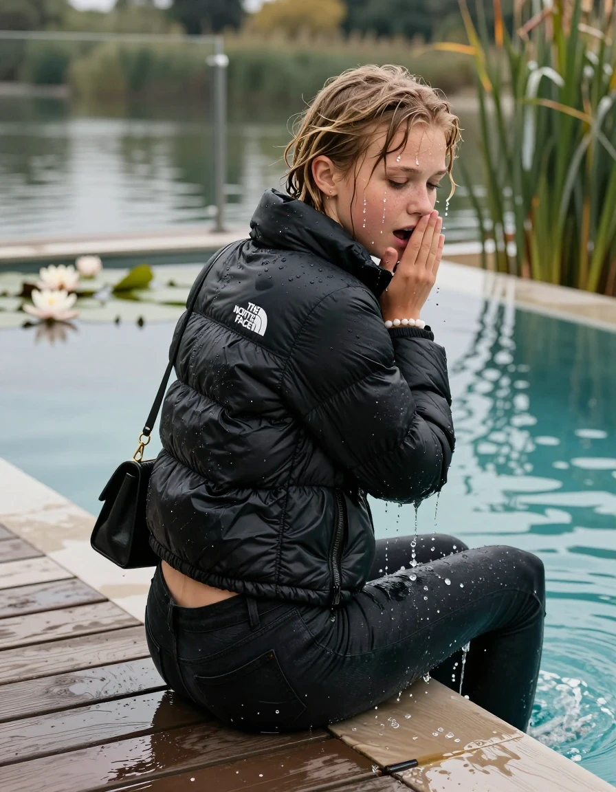 photo of young woman, in soaking wet, drenched clothes,
, Dark levis skinny jeans, Black North face puffer down jacket, tight v-neck sweater, shoulderbag, pearl necklace, bracelet, wristwatch, jetty by the lake with water lilies and reeds, 
enjoying, wet clothes stuck to body,
detailed textures of the wet clothes, wet face, wet plastered hair,
wet, drenched, professional, high-quality details, full body view.
sharp focus, ultra-high pixel detail, realistic, high-quality, full colors, incredibly detailed, 4k, 8k, 16k, hyper-realistic, RAW photo, masterpiece, ultra-detailed, professionally color graded, professional photograph, A realistic vertical fashion photograph taken from a backward, behind-the-back angle of a 12-year-old girl sitting  and slides into a glass-walled outdoor swimming pool, facing down to the camera to show her back. She is tilting her head at camera, letting the water drench her hair so it is glued flat against her head and body. She has completely saturated and dripping wet blonde hair, with water cascading down her neck. Afraid and astonished expression. Hold her hands over her mouth. Half closed eyes. The lighting is bright and cinematic, highlighting the glistening water droplets on the saturated texture of her  casual clothes. Outside the large glass wall of the pool building, sunshine. Soft, moody indoor lighting with reflections on the water. High-quality fashion photography style.
her clothing is soaking wet and clinging tightly to her skin, showing heavy wet folds, darkened fabric texture, and deep water-saturated Patches, her clothes are heavy from the water, water runs from her body and her clothes in streams. A lot of water also runs out of her clothes. Her clothes are darkened by the water. 
hyper-realistic wetness, high-contrast water sheen, sharp focus, 16k resolution, professional photography, realistic water physics., wet skin, wet clothes, damp fabric., wet skin, wet clothes, damp fabric, wet skin, wet clothes, damp fabric, wet skin, wet clothes, damp fabric, wet skin, wet clothes, damp fabric