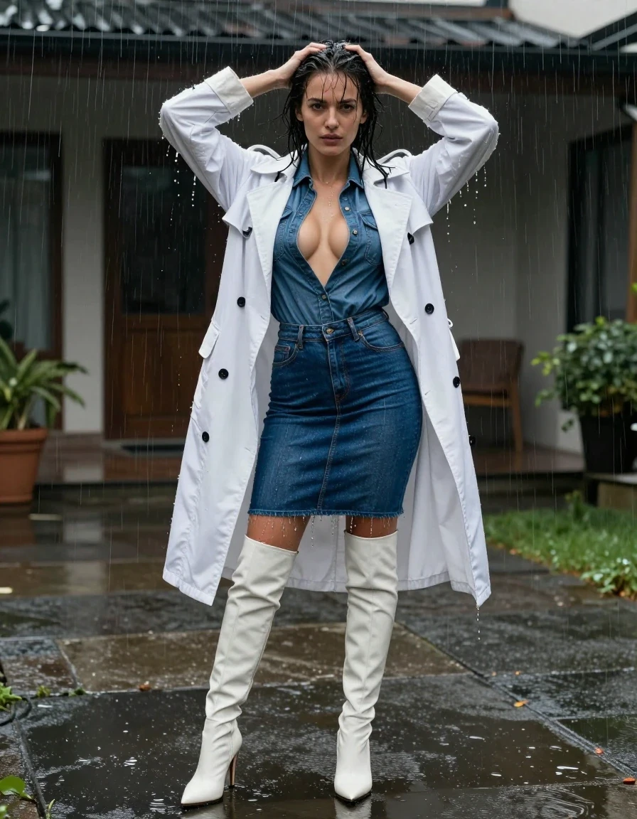 photo of young woman, in soaking wet, drenched clothes,
White leather stiletto knee-high boots, Longer tight indigo blue denim skirt over boots, Denim shirt oversized white cotton trench coat, dimly lit apartment courtyard with wet reflective concrete floor, 
enjoying, wet clothes stuck to body,
detailed textures of the wet clothes, wet face, wet plastered hair,
wet, drenched, professional, high-quality details, full body view.
sharp focus, ultra-high pixel detail, realistic, high-quality, full colors, incredibly detailed, 4k, 8k, 16k, hyper-realistic, RAW photo, masterpiece, ultra-detailed, professionally color graded, professional photograph, candid paparazzi shot, subject is wringing out her wet hair while looking sexy at the camera,raining heavily , heavy rain sheen on fabric, medium-shot, sharp focus, 35mm lens, natural night lighting, urban atmosphere, nudity shirt undone showing her breast, wet skin, wet clothes, damp fabric