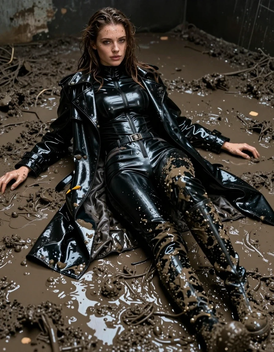 A photorealistic portrait of a young adult European woman with long, dripping wet brown hair, lying down in a dark, mud-covered room. She is completely drenched in thick, clinging mud that coats her skin and clothes. She is wearing a black vinyl polar neck catsuit underneath a long black vinyl trench coat, both items showing a high-gloss, slick, wet-sheen texture with visible water streaks and heavy, clinging folds. Her legs are clad in tight black vinyl pants, and she is wearing black leather knee-high boots, all heavily stained and coated in wet mud. Her skin is glistening with a wet, damp sheen, and the fabric of her clothing appears saturated and heavy. The lighting is moody and cinematic, highlighting the reflective, wet surfaces of the vinyl and leather against the textured, messy environment. High resolution, sharp focus on the textures of the wet mud and glossy vinyl, professional photography, no nudity.
