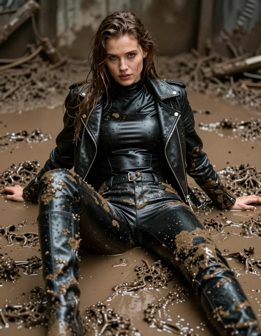 A photorealistic full-body shot of a young adult European woman with long, dripping wet brown hair, her skin glistening with a thick layer of mud and water. She is wearing a black vinyl turtleneck catsuit layered under a black biker leather jacket, with black leather pants and black leather knee-high boots. All garments are heavily drenched in mud, showing dark, saturated patches, heavy wet folds, and a slick, muddy sheen. She is lying on the floor of a mud-covered room, completely engulfed in thick, wet mud, with mud streaks and water droplets clinging to her face, hair, and clothing. The lighting is moody and cinematic, highlighting the reflective, wet textures of the leather, vinyl, and damp fabric against the grime. High-detail photography, hyper-realistic skin texture, wet hair strands, realistic mud consistency, sharp focus on the clinging wet clothing, professional lighting, no nudity, fully clothed.