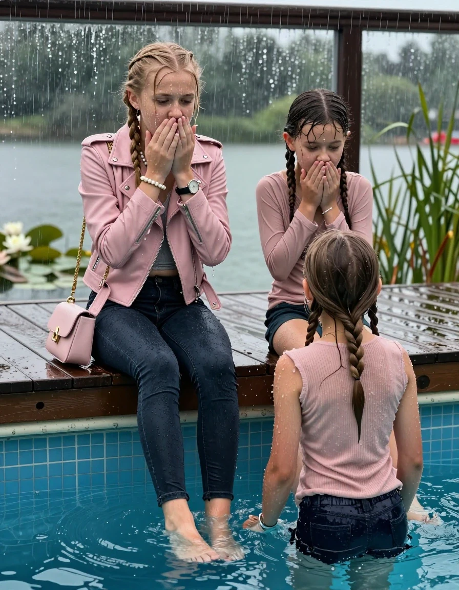 photo of young woman, in soaking wet, drenched clothes,
Pumps, Dark levis skinny jeans, Light pink biker leatherjacket, tight v-neck sweater, shoulderbag, pearl necklace, bracelet, wristwatch, jetty by the lake with water lilies and reeds, 
enjoying, wet clothes stuck to body,
detailed textures of the wet clothes, wet face, wet plastered hair,
wet, drenched, professional, high-quality details, full body view.
sharp focus, ultra-high pixel detail, realistic, high-quality, full colors, incredibly detailed, 4k, 8k, 16k, hyper-realistic, RAW photo, masterpiece, ultra-detailed, professionally color graded, professional photograph, A realistic vertical fashion photograph taken from a backward, behind-the-back angle of two 12-year-old girls with different outfits sitting  and slides into a glass-walled outdoor swimming pool, facing down to the camera to show her back. She is tilting her head at camera, letting the water drench her hair so it is glued flat against her head and body. She has  blonde braided hair, completely saturated and dripping wet hair, with water cascading down her face and neck. Afraid and astonished expression. hands on her mouth, half closed eyes. The lighting is bright and cinematic, highlighting the glistening water droplets on her skin and the saturated texture of her  casual clothes. Outside the large glass wall of the pool building, heavy rain is visible falling against the window. Soft, moody indoor lighting with reflections on the water. High-quality fashion photography style.
her clothing is soaking wet and clinging tightly to her skin, showing heavy wet folds, darkened fabric texture, and deep water-saturated Patches, her clothes are heavy from the water, water runs from her body and her clothes in streams. A lot of water also runs out of her clothes. Her clothes are darkened by the water. 
hyper-realistic wetness, high-contrast water sheen, sharp focus, 16k resolution, professional photography, realistic water physics., wet skin, wet clothes, damp fabric., wet skin, wet clothes, damp fabric, wet skin, wet clothes, damp fabric
