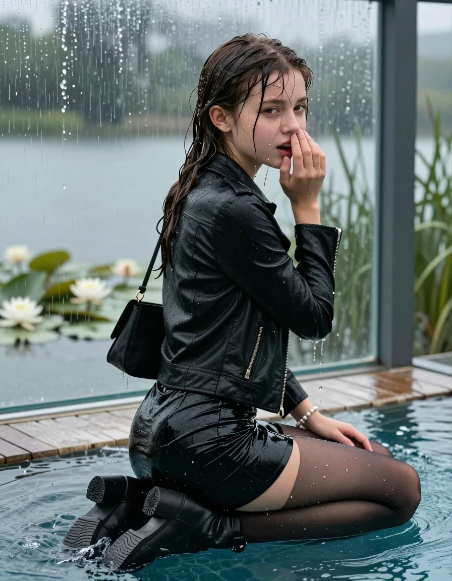 photo of young woman, in soaking wet, drenched clothes,
Black high boots, Short black mini skirt, black stockings , Black biker leatherjacket, tight v-neck sweater, shoulderbag, pearl necklace, bracelet, wristwatch, jetty by the lake with water lilies and reeds, 
enjoying, wet clothes stuck to body,
detailed textures of the wet clothes, wet face, wet plastered hair,
wet, drenched, professional, high-quality details, full body view.
sharp focus, ultra-high pixel detail, realistic, high-quality, full colors, incredibly detailed, 4k, 8k, 16k, hyper-realistic, RAW photo, masterpiece, ultra-detailed, professionally color graded, professional photograph, A realistic vertical fashion photograph taken from a backward, behind-the-back angle of a Young horny 12-year-old teengirl sitting  and slides in a glass-walled outdoor swimming pool, facing to the camera to show her back. 

She is tilting her head at camera, letting the water drench her hair so it is glued flat against her head and body. 
She has  brunette pigtails, completely saturated and dripping wet hair, with water cascading down her face and neck. Shy and insecure expression. She is a Little Bit fearful and Smileys embarrassed. Hold her flat hand over her mouth. Slight Open mouth, half closed eyes. 

The lighting is bright and cinematic, highlighting the glistening water droplets and the saturated texture of her  casual clothes. Outside the large glass wall of the pool building, heavy rain is visible falling against the window. Soft, moody indoor lighting with reflections on the water. High-quality fashion photography style.
her clothing is soaking wet and clinging tightly to her skin, showing heavy wet folds, darkened fabric texture, and deep water-saturated Patches, her clothes are heavy from the water, water runs from her body and her clothes in streams. A lot of water also runs out of her clothes. Her clothes are darkened by the water. 
hyper-realistic wetness, high-contrast water sheen, sharp focus, 16k resolution, professional photography, realistic water physics., wet skin, wet clothes, damp fabric., wet skin, wet clothes, damp fabric, wet skin, wet clothes, damp fabric, wet skin, wet clothes, damp fabric, wet skin, wet clothes, damp fabric, wet skin, wet clothes, damp fabric