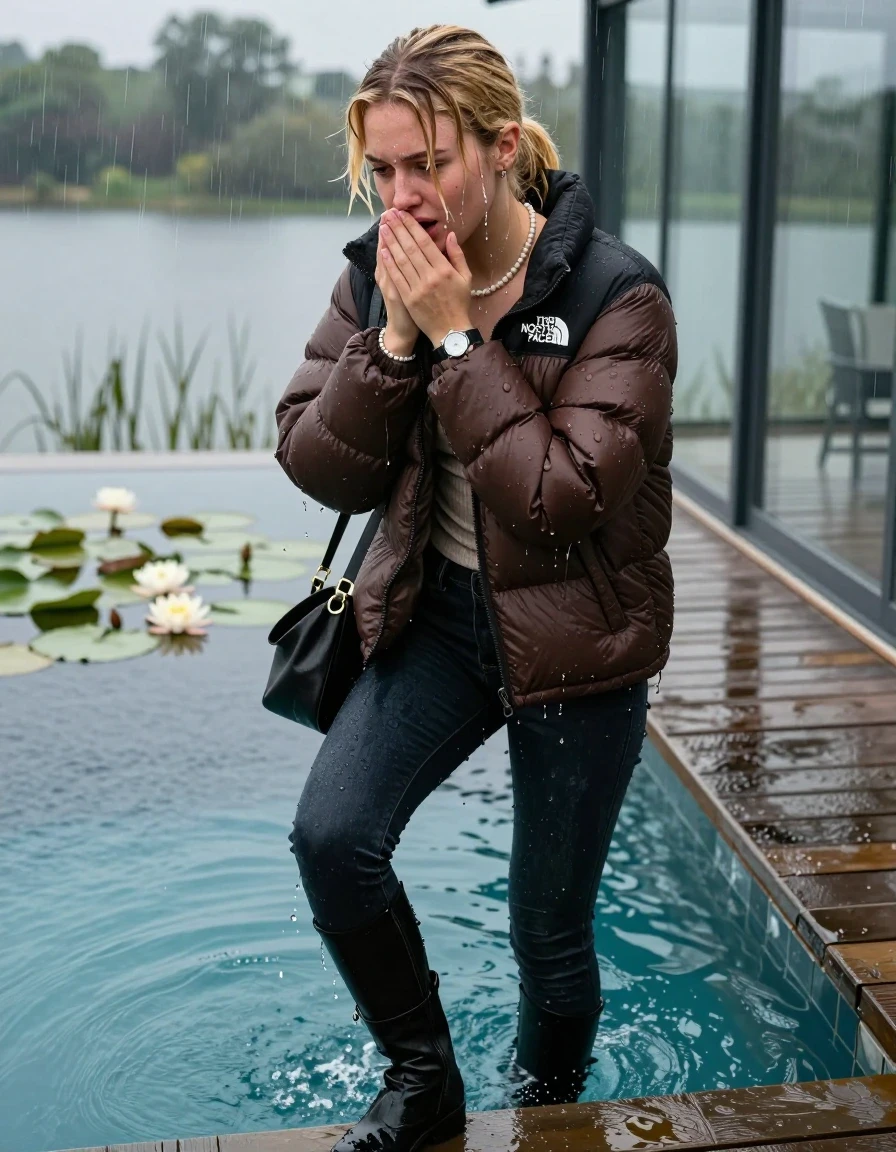 photo of young woman, in soaking wet, drenched clothes,
Black high boots, Dark levis skinny jeans , Brown North face puffer down jacket, tight v-neck sweater, shoulderbag, pearl necklace, bracelet, wristwatch, jetty by the lake with water lilies and reeds, 
enjoying, wet clothes stuck to body,
detailed textures of the wet clothes, wet face, wet plastered hair,
wet, drenched, professional, high-quality details, full body view.
sharp focus, ultra-high pixel detail, realistic, high-quality, full colors, incredibly detailed, 4k, 8k, 16k, hyper-realistic, RAW photo, masterpiece, ultra-detailed, professionally color graded, professional photograph, A realistic vertical fashion photograph taken from a backward, behind-the-back angle of a 15-year-old teenage girl climbing out a glass-walled outdoor swimming pool, facing down to the camera to show her back. 

She is tilting her head at camera, letting the water drench her hair so it is glued flat against her head and body. 
She has  blonde hair with a sleek ponytail with bangs, completely saturated and dripping wet hair, with water cascading down her face and neck. She has heartache, is horny, have an orgasm and needs a cooling. She hold her hands over her mouth. Slight Open mouth, half closed eyes. 

The lighting is bright and cinematic, highlighting the glistening water droplets and the saturated texture of her  casual clothes. Outside the large glass wall of the pool building, heavy rain is visible falling against the window. Soft, moody indoor lighting with reflections on the water. High-quality fashion photography style.
her clothing is soaking wet and clinging tightly to her skin, showing heavy wet folds, darkened fabric texture, and deep water-saturated Patches, her clothes are heavy from the water, water runs from her body and her clothes in streams. A lot of water also runs out of her clothes. Her clothes are darkened by the water. 
hyper-realistic wetness, high-contrast water sheen, sharp focus, 16k resolution, professional photography, realistic water physics., wet skin, wet clothes, damp fabric., wet skin, wet clothes, damp fabric, wet skin, wet clothes, damp fabric, wet skin, wet clothes, damp fabric, wet skin, wet clothes, damp fabric