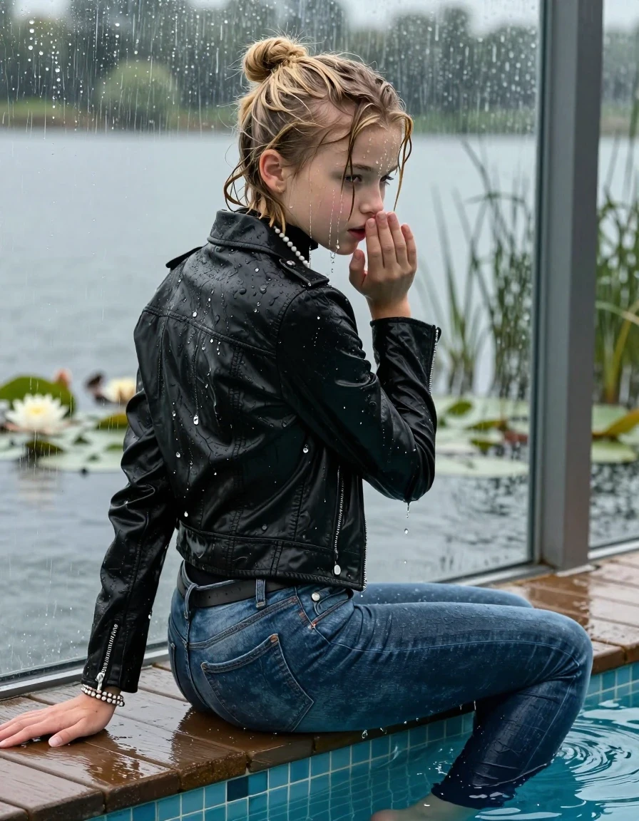 photo of young woman, in soaking wet, drenched clothes,
Flats, Skinny Levis jeans with belt, Black biker leatherjacket, tight knitted turtleneck sweater, shoulderbag, pearl necklace, bracelet, wristwatch, jetty by the lake with water lilies and reeds, 
enjoying, wet clothes stuck to body,
detailed textures of the wet clothes, wet face, wet plastered hair,
wet, drenched, professional, high-quality details, full body view.
sharp focus, ultra-high pixel detail, realistic, high-quality, full colors, incredibly detailed, 4k, 8k, 16k, hyper-realistic, RAW photo, masterpiece, ultra-detailed, professionally color graded, professional photograph, A realistic vertical fashion photograph taken from a backward, behind-the-back angle of a 12-year-old teengirl sitting  and slides in a glass-walled outdoor swimming pool, facing down to the camera to show her back. 

She is tilting her head back directly at the Camera , letting the water drench her hair so it is glued flat against her head and body. 
She has  blonde hair with a half-up topknot and bangs, completely saturated and dripping wet hair, with water cascading down her face and neck. Shy and insecure expression. She is a Little Bit fearful. Hold a flat hand in Front of her mouth. Slight Open mouth, half closed eyes. 

The lighting is bright and cinematic, highlighting the glistening water droplets and the saturated texture of her  casual clothes. Outside the large glass wall of the pool building, heavy rain is visible falling against the window. Soft, moody indoor lighting with reflections on the water. High-quality fashion photography style.
her clothing is soaking wet and clinging tightly to her skin, showing heavy wet folds, darkened fabric texture, and deep water-saturated Patches, her clothes are heavy from the water, water runs from her body and her clothes in streams. A lot of water also runs out of her clothes. Her clothes are darkened by the water. 
hyper-realistic wetness, high-contrast water sheen, sharp focus, 16k resolution, professional photography, realistic water physics., wet skin, wet clothes, damp fabric., wet skin, wet clothes, damp fabric, wet skin, wet clothes, damp fabric, wet skin, wet clothes, damp fabric, wet skin, wet clothes, damp fabric
