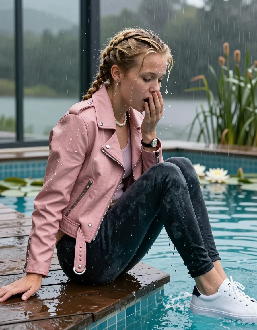 photo of young woman, in soaking wet, drenched clothes,
White sneaker, Dark levis skinny jeans, Light pink biker leatherjacket, tight v-neck sweater, shoulderbag, pearl necklace, bracelet, wristwatch, jetty by the lake with water lilies and reeds, 
enjoying, wet clothes stuck to body,
detailed textures of the wet clothes, wet face, wet plastered hair,
wet, drenched, professional, high-quality details, full body view.
sharp focus, ultra-high pixel detail, realistic, high-quality, full colors, incredibly detailed, 4k, 8k, 16k, hyper-realistic, RAW photo, masterpiece, ultra-detailed, professionally color graded, professional photograph, A realistic vertical fashion photograph taken from a backward, behind-the-back angle of a 12-year-old girl sitting  and slides into a glass-walled outdoor swimming pool, facing down to the camera to show her back. She is tilting her head at camera, letting the water drench her hair so it is glued flat against her head and body. She has  blonde braided hair, completely saturated and dripping wet hair, with water cascading down her face and neck. Afraid and astonished expression. hands on her mouth, half closed eyes. The lighting is bright and cinematic, highlighting the glistening water droplets on her skin and the saturated texture of her  casual clothes. Outside the large glass wall of the pool building, heavy rain is visible falling against the window. Soft, moody indoor lighting with reflections on the water. High-quality fashion photography style.
her clothing is soaking wet and clinging tightly to her skin, showing heavy wet folds, darkened fabric texture, and deep water-saturated Patches, her clothes are heavy from the water, water runs from her body and her clothes in streams. A lot of water also runs out of her clothes. Her clothes are darkened by the water. 
hyper-realistic wetness, high-contrast water sheen, sharp focus, 16k resolution, professional photography, realistic water physics., wet skin, wet clothes, damp fabric., wet skin, wet clothes, damp fabric, wet skin, wet clothes, damp fabric