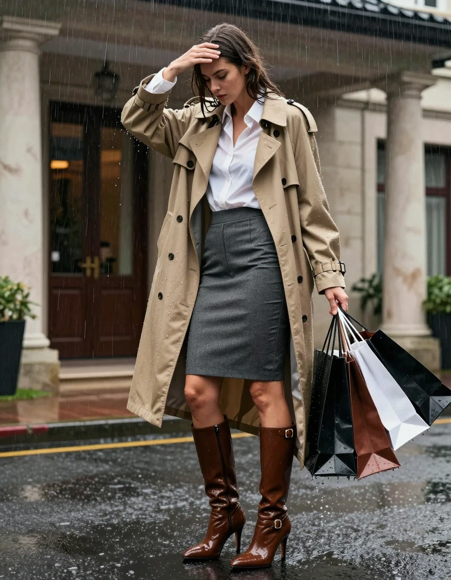 A medium full-body editorial fashion photography shot of a young adult European woman standing in an elegant hotel driveway under a stone portico. She is wearing a tapered charcoal grey tailored skirt that is heavy with rainwater, fabric clinging tightly to her skin, and a white long shirt layered under an oversized beige trench coat drenched in heavy rain, featuring dark saturated patches and water droplets clinging to the hem. She wears brown leather knee-high stiletto boots with a buckle, completely soaked and glistening. The woman is fumbling with her dripping wet shopping bags while shielding her face from wind-driven rain, her clothes and skin glistening with hyper-realistic water textures. Cinematic natural lighting, sharp focus on fabric weave, captured with an 85mm lens. The scene is defined by intense realistic wetness, dark saturated fabric, and heavy water-laden textures.