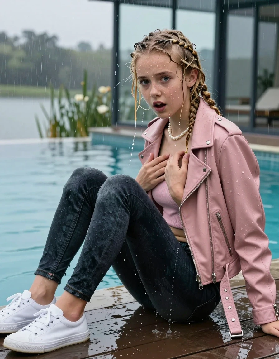 photo of young woman, in soaking wet, drenched clothes,
White sneaker, Dark levis skinny jeans, Light pink biker leatherjacket, tight v-neck sweater, shoulderbag, pearl necklace, bracelet, wristwatch, jetty by the lake with water lilies and reeds, 
enjoying, wet clothes stuck to body,
detailed textures of the wet clothes, wet face, wet plastered hair,
wet, drenched, professional, high-quality details, full body view.
sharp focus, ultra-high pixel detail, realistic, high-quality, full colors, incredibly detailed, 4k, 8k, 16k, hyper-realistic, RAW photo, masterpiece, ultra-detailed, professionally color graded, professional photograph, A realistic vertical fashion photograph taken from a backward, behind-the-back angle of a 12-year-old girl sitting  and slides into a glass-walled outdoor swimming pool, facing down to the camera to show her back. She is tilting her head at camera, letting the water drench her hair so it is glued flat against her head and body. She has  blonde braided hair, completely saturated and dripping wet hair, with water cascading down her face and neck. Afraid and astonished expression. hands on her breast, big eyes. The lighting is bright and cinematic, highlighting the glistening water droplets on her skin and the saturated texture of her  casual clothes. Outside the large glass wall of the pool building, heavy rain is visible falling against the window. Soft, moody indoor lighting with reflections on the water. High-quality fashion photography style.
her clothing is soaking wet and clinging tightly to her skin, showing heavy wet folds, darkened fabric texture, and deep water-saturated Patches, her clothes are heavy from the water, water runs from her body and her clothes in streams. A lot of water also runs out of her clothes. Her clothes are darkened by the water. 
hyper-realistic wetness, high-contrast water sheen, sharp focus, 16k resolution, professional photography, realistic water physics., wet skin, wet clothes, damp fabric., wet skin, wet clothes, damp fabric, wet skin, wet clothes, damp fabric