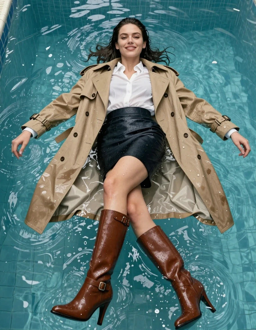 Hyper-realistic editorial fashion photography of a young adult European woman floating on her back in an indoor swimming pool, medium full-body shot. She is wearing a white long blouse layered under an oversized beige trench coat that is drenched in heavy rain, showing dark saturated patches and water droplets clinging to the hem. Below, she wears a black tapered tailored skirt that is heavy with rainwater, with the fabric clinging to her skin. She wears brown leather knee-high stiletto boots with a buckle, completely soaked and glistening. She is fumbling with her dripping wet clothes, smiling while looking directly at the viewer, with one boot lifted out of the water. Cinematic natural lighting illuminates the scene, highlighting hyper-realistic water textures, sharp focus on fabric weaves, and strong glossy specular reflections on wet surfaces. Captured with an 85mm lens, high-fashion aesthetic, provocative atmosphere, crisp details, no lingerie, no sexualized poses, no dry clothing, no sunny lighting, no blur, no distortion, no sketches, no illustrations, no drawings, no cartoons.