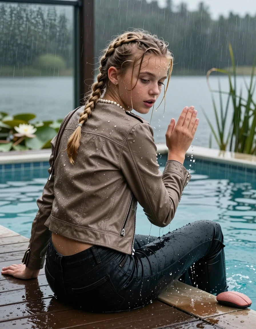 photo of young woman, in soaking wet, drenched clothes,
Black high boots, Dark levis skinny jeans, Light brown biker leatherjacket, tight v-neck sweater, shoulderbag, pearl necklace, bracelet, wristwatch, jetty by the lake with water lilies and reeds, 
enjoying, wet clothes stuck to body,
detailed textures of the wet clothes, wet face, wet plastered hair,
wet, drenched, professional, high-quality details, full body view.
sharp focus, ultra-high pixel detail, realistic, high-quality, full colors, incredibly detailed, 4k, 8k, 16k, hyper-realistic, RAW photo, masterpiece, ultra-detailed, professionally color graded, professional photograph, A realistic vertical fashion photograph taken from a backward, behind-the-back angle of a 12-year-old girl sitting  and slides into a glass-walled outdoor swimming pool, facing down to the camera to show her back. She is tilting her head at camera, letting the water drench her hair so it is glued flat against her head and body. She has  blonde braided hair, completely saturated and dripping wet hair, with water cascading down her face and neck. Horny aroused and astonished expression. Hold a flat hand in Front of her mouse. Slight Open mouth, half closed eyes. The lighting is bright and cinematic, highlighting the glistening water droplets on her skin and the saturated texture of her  casual clothes. Outside the large glass wall of the pool building, heavy rain is visible falling against the window. Soft, moody indoor lighting with reflections on the water. High-quality fashion photography style.
her clothing is soaking wet and clinging tightly to her skin, showing heavy wet folds, darkened fabric texture, and deep water-saturated Patches, her clothes are heavy from the water, water runs from her body and her clothes in streams. A lot of water also runs out of her clothes. Her clothes are darkened by the water. 
hyper-realistic wetness, high-contrast water sheen, sharp focus, 16k resolution, professional photography, realistic water physics., wet skin, wet clothes, damp fabric., wet skin, wet clothes, damp fabric, wet skin, wet clothes, damp fabric, wet skin, wet clothes, damp fabric