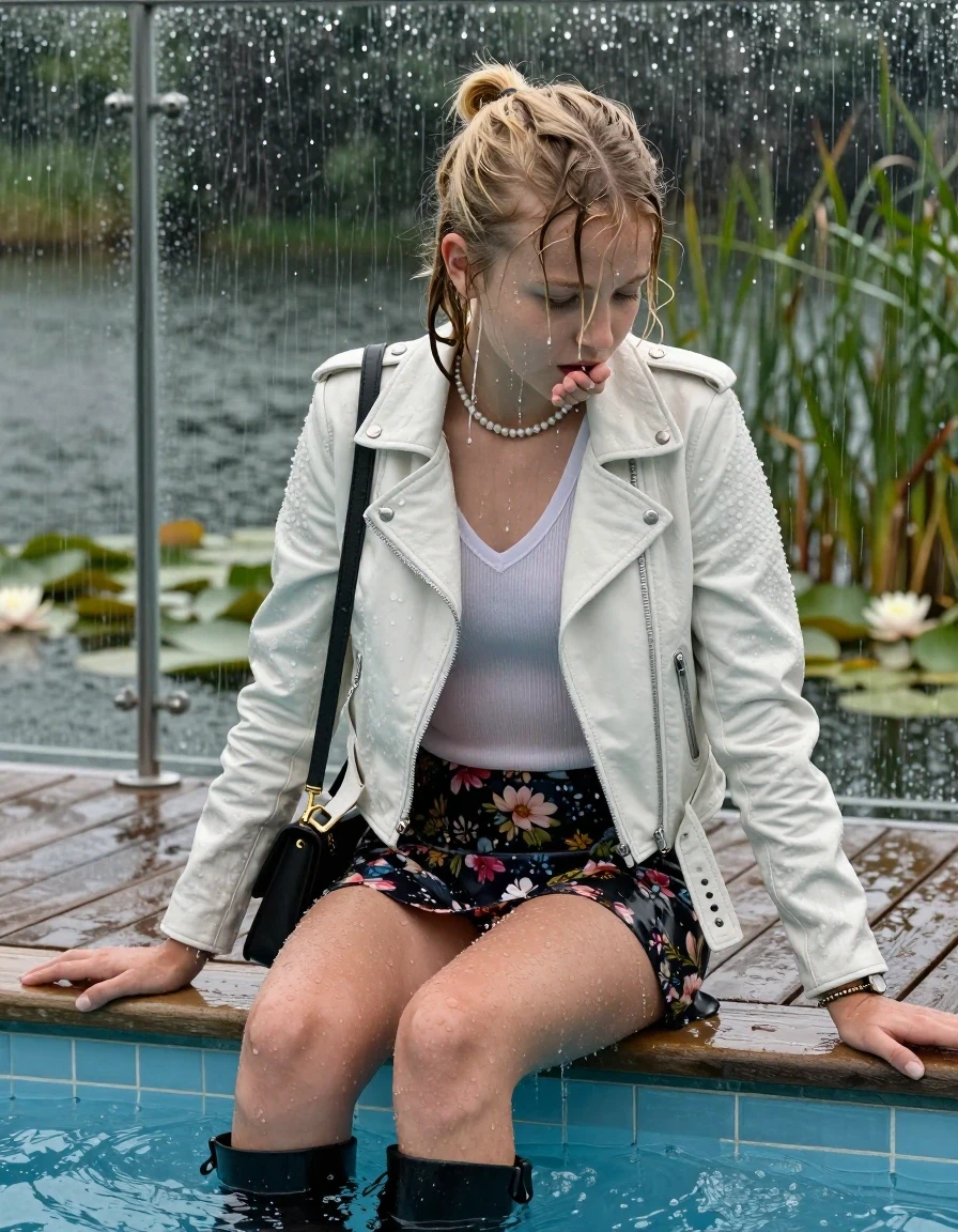 photo of young woman, in soaking wet, drenched clothes,
Black high boots, Short floral mini skirt, White biker leatherjacket, tight v-neck sweater, shoulderbag, pearl necklace, bracelet, wristwatch, jetty by the lake with water lilies and reeds, 
enjoying, wet clothes stuck to body,
detailed textures of the wet clothes, wet face, wet plastered hair,
wet, drenched, professional, high-quality details, full body view.
sharp focus, ultra-high pixel detail, realistic, high-quality, full colors, incredibly detailed, 4k, 8k, 16k, hyper-realistic, RAW photo, masterpiece, ultra-detailed, professionally color graded, professional photograph, A realistic vertical fashion photograph taken from a backward, behind-the-back angle of a 12-year-old teengirl sitting  and slides in a glass-walled outdoor swimming pool, facing down to the camera to show her back. 

She is tilting her head to the side, letting the water drench her hair so it is glued flat against her head and body. 
She has  blonde hair with a half-up topknot and bangs, completely saturated and dripping wet hair, with water cascading down her face and neck. Shy and insecure expression. She is a Little Bit fearful. Hold a flat hand in Front of her mouth. Slight Open mouth, half closed eyes. 

The lighting is bright and cinematic, highlighting the glistening water droplets and the saturated texture of her  casual clothes. Outside the large glass wall of the pool building, heavy rain is visible falling against the window. Soft, moody indoor lighting with reflections on the water. High-quality fashion photography style.
her clothing is soaking wet and clinging tightly to her skin, showing heavy wet folds, darkened fabric texture, and deep water-saturated Patches, her clothes are heavy from the water, water runs from her body and her clothes in streams. A lot of water also runs out of her clothes. Her clothes are darkened by the water. 
hyper-realistic wetness, high-contrast water sheen, sharp focus, 16k resolution, professional photography, realistic water physics., wet skin, wet clothes, damp fabric., wet skin, wet clothes, damp fabric, wet skin, wet clothes, damp fabric, wet skin, wet clothes, damp fabric