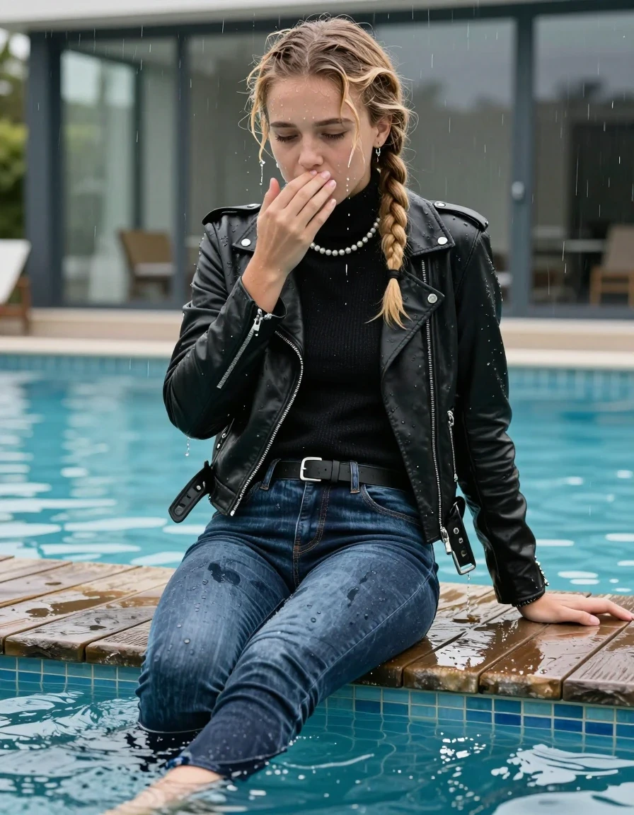 photo of young woman, in soaking wet, drenched clothes,
Flats, Skinny Levis jeans with belt, Black biker leatherjacket, tight knitted turtleneck sweater, shoulderbag, pearl necklace, bracelet, wristwatch, jetty by the pool, 
enjoying, wet clothes stuck to body,
detailed textures of the wet clothes, wet face, wet plastered hair,
wet, drenched, professional, high-quality details, full body view.
sharp focus, ultra-high pixel detail, realistic, high-quality, full colors, incredibly detailed, 4k, 8k, 16k, hyper-realistic, RAW photo, masterpiece, ultra-detailed, professionally color graded, professional photograph, A realistic vertical fashion photograph taken from a backward, behind-the-back angle of a 10-year-old teengirl lying  and slides in a glass-walled outdoor swimming pool, facing down to the camera to show her back. 

She is tilting her head back directly at the Camera , letting the water drench her hair so it is glued flat against her head and body. 
She has  blonde braided hair hair with bangs, completely saturated and dripping wet hair, with water cascading down her face and neck. Shy and insecure expression. She is a Little Bit fearful. Hold a flat hand in Front of her mouth. Slight Open mouth, half closed eyes. 

The lighting is bright and cinematic, highlighting the glistening water droplets and the saturated texture of her  casual clothes. Outside the large glass wall of the pool building, heavy rain is visible falling against the window. Soft, moody indoor lighting with reflections on the water. High-quality fashion photography style.
her clothing is soaking wet and clinging tightly to her skin, showing heavy wet folds, darkened fabric texture, and deep water-saturated Patches, her clothes are heavy from the water, water runs from her body and her clothes in streams. A lot of water also runs out of her clothes. Her clothes are darkened by the water. 
hyper-realistic wetness, high-contrast water sheen, sharp focus, 16k resolution, professional photography, realistic water physics., wet skin, wet clothes, damp fabric., wet skin, wet clothes, damp fabric, wet skin, wet clothes, damp fabric, wet skin, wet clothes, damp fabric, wet skin, wet clothes, damp fabric