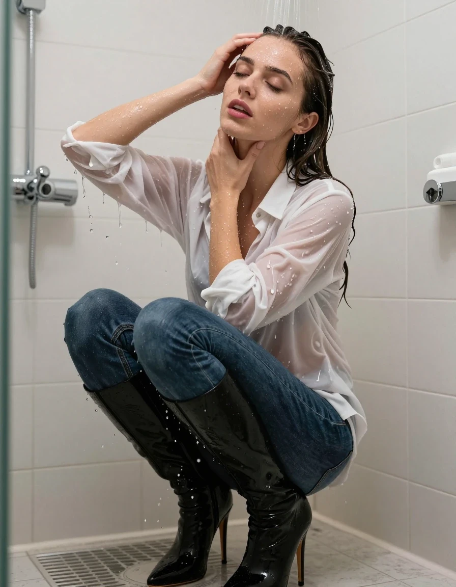 photo of young woman, in soaking wet, drenched clothes,
Long Stiletto black boots, Jeans, White shirt,  Bathroom shower, 
enjoying, wet clothes stuck to body,
detailed textures of the wet clothes, wet face, wet plastered hair,
wet, drenched, professional, high-quality details, full body view.
sharp focus, ultra-high pixel detail, realistic, high-quality, full colors, incredibly detailed, 4k, 8k, 16k, hyper-realistic, RAW photo, masterpiece, ultra-detailed, professionally color graded, professional photograph, Clothes dripping wet
Water pouring over her head, wet skin, wet clothes, damp fabric