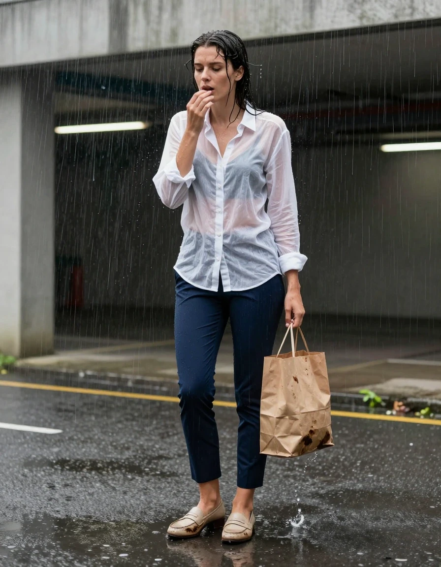 photo of young woman, in soaking wet, drenched clothes,
beige leather loafers soaked through with dark water stains, tapered navy blue ankle-length dress slacks clinging to skin, white linen button-down shirt transparent and saturated from rain, concrete parking garage entrance during a heavy downpour, 
enjoying, wet clothes stuck to body,
detailed textures of the wet clothes, wet face, wet plastered hair,
wet, drenched, professional, high-quality details, full body view.
sharp focus, ultra-high pixel detail, realistic, high-quality, full colors, incredibly detailed, 4k, 8k, 16k, hyper-realistic, RAW photo, masterpiece, ultra-detailed, professionally color graded, professional photograph, woman frantically shielding a paper grocery bag under her translucent shirt, heavy raindrops splashing on pavement, fabric clinging to form, photorealistic lifestyle photography, rich natural color, balanced bright exposure, moderate contrast, softly lifted shadows, wide-angle street photography framing, wet skin, wet clothes, damp fabric