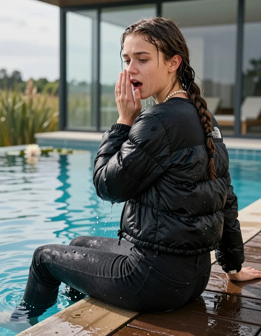 photo of young woman, in soaking wet, drenched clothes,
, Dark levis skinny jeans, Black North face puffer down jacket, tight v-neck sweater, shoulderbag, pearl necklace, bracelet, wristwatch, jetty by the lake with water lilies and reeds, 
enjoying, wet clothes stuck to body,
detailed textures of the wet clothes, wet face, wet plastered hair,
wet, drenched, professional, high-quality details, full body view.
sharp focus, ultra-high pixel detail, realistic, high-quality, full colors, incredibly detailed, 4k, 8k, 16k, hyper-realistic, RAW photo, masterpiece, ultra-detailed, professionally color graded, professional photograph, A realistic vertical fashion photograph taken from a backward, behind-the-back angle of a 12-year-old girl sitting  and slides into a glass-walled outdoor swimming pool, facing to the camera to show her back. She is tilting her head at camera, letting the water drench her hair so it is glued flat against her head and body. She has completely saturated and dripping wet braided hair, with water cascading down her neck. Afraid and astonished expression. Hold her hands on her mouth. Half closed eyes. The lighting is bright and cinematic, highlighting the glistening water droplets on the saturated texture of her  casual clothes. Outside the large glass wall of the pool building, sunshine. Soft, moody indoor lighting with reflections on the water. High-quality fashion photography style.
her clothing is soaking wet and clinging tightly to her skin, showing heavy wet folds, darkened fabric texture, and deep water-saturated Patches, her clothes are heavy from the water, water runs from her body and her clothes in streams. A lot of water also runs out of her clothes. Her clothes are darkened by the water. 
hyper-realistic wetness, high-contrast water sheen, sharp focus, 16k resolution, professional photography, realistic water physics., wet skin, wet clothes, damp fabric., wet skin, wet clothes, damp fabric, wet skin, wet clothes, damp fabric, wet skin, wet clothes, damp fabric, wet skin, wet clothes, damp fabric, wet skin, wet clothes, damp fabric