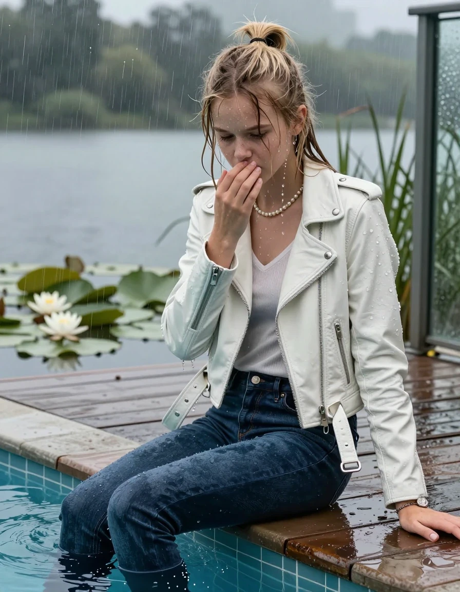 photo of young woman, in soaking wet, drenched clothes,
Flats, Skinny Levis jeans, White biker leatherjacket, tight v-neck sweater, shoulderbag, pearl necklace, bracelet, wristwatch, jetty by the lake with water lilies and reeds, 
enjoying, wet clothes stuck to body,
detailed textures of the wet clothes, wet face, wet plastered hair,
wet, drenched, professional, high-quality details, full body view.
sharp focus, ultra-high pixel detail, realistic, high-quality, full colors, incredibly detailed, 4k, 8k, 16k, hyper-realistic, RAW photo, masterpiece, ultra-detailed, professionally color graded, professional photograph, A realistic vertical fashion photograph taken from a backward, behind-the-back angle of a 12-year-old teengirl sitting  and slides in a glass-walled outdoor swimming pool, facing down to the camera to show her back. 

She is tilting her head back directly at the Camera , letting the water drench her hair so it is glued flat against her head and body. 
She has  blonde hair with a half-up topknot and bangs, completely saturated and dripping wet hair, with water cascading down her face and neck. Shy and insecure expression. She is a Little Bit fearful. Hold a flat hand in Front of her mouth. Slight Open mouth, half closed eyes. 

The lighting is bright and cinematic, highlighting the glistening water droplets and the saturated texture of her  casual clothes. Outside the large glass wall of the pool building, heavy rain is visible falling against the window. Soft, moody indoor lighting with reflections on the water. High-quality fashion photography style.
her clothing is soaking wet and clinging tightly to her skin, showing heavy wet folds, darkened fabric texture, and deep water-saturated Patches, her clothes are heavy from the water, water runs from her body and her clothes in streams. A lot of water also runs out of her clothes. Her clothes are darkened by the water. 
hyper-realistic wetness, high-contrast water sheen, sharp focus, 16k resolution, professional photography, realistic water physics., wet skin, wet clothes, damp fabric., wet skin, wet clothes, damp fabric, wet skin, wet clothes, damp fabric, wet skin, wet clothes, damp fabric, wet skin, wet clothes, damp fabric
