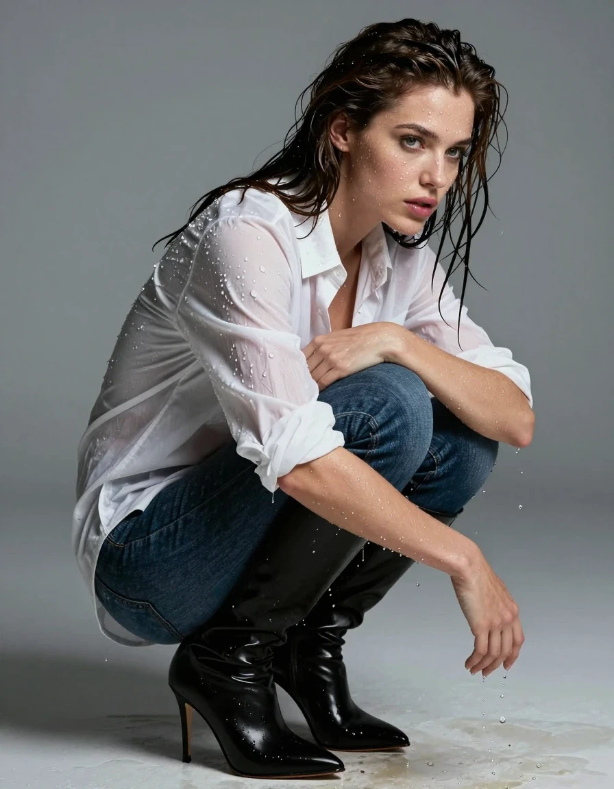photo of young woman, in soaking wet, drenched clothes,
Stiletto black boots, Jeans, White shirt,  , 
enjoying, wet clothes stuck to body,
detailed textures of the wet clothes, wet face, wet plastered hair,
wet, drenched, professional, high-quality details, full body view.
sharp focus, ultra-high pixel detail, realistic, high-quality, full colors, incredibly detailed, 4k, 8k, 16k, hyper-realistic, RAW photo, masterpiece, ultra-detailed, professionally color graded, professional photograph, Clothes dripping wet, wet skin, wet clothes, damp fabric