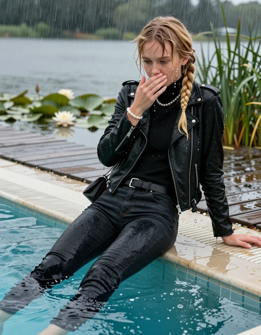 photo of young woman, in soaking wet, drenched clothes,
Flats, Skinny Levis jeans with belt, Black biker leatherjacket, tight knitted turtleneck sweater, shoulderbag, pearl necklace, bracelet, wristwatch, jetty by the lake with water lilies and reeds, 
enjoying, wet clothes stuck to body,
detailed textures of the wet clothes, wet face, wet plastered hair,
wet, drenched, professional, high-quality details, full body view.
sharp focus, ultra-high pixel detail, realistic, high-quality, full colors, incredibly detailed, 4k, 8k, 16k, hyper-realistic, RAW photo, masterpiece, ultra-detailed, professionally color graded, professional photograph, A realistic vertical fashion photograph taken from a backward, behind-the-back angle of a 10-year-old teengirl lying  and slides in a glass-walled outdoor swimming pool, facing down to the camera to show her back. 

She is tilting her head back directly at the Camera , letting the water drench her hair so it is glued flat against her head and body. 
She has  blonde braided hair hair with bangs, completely saturated and dripping wet hair, with water cascading down her face and neck. Shy and insecure expression. She is a Little Bit fearful. Hold a flat hand in Front of her mouth. Slight Open mouth, half closed eyes. 

The lighting is bright and cinematic, highlighting the glistening water droplets and the saturated texture of her  casual clothes. Outside the large glass wall of the pool building, heavy rain is visible falling against the window. Soft, moody indoor lighting with reflections on the water. High-quality fashion photography style.
her clothing is soaking wet and clinging tightly to her skin, showing heavy wet folds, darkened fabric texture, and deep water-saturated Patches, her clothes are heavy from the water, water runs from her body and her clothes in streams. A lot of water also runs out of her clothes. Her clothes are darkened by the water. 
hyper-realistic wetness, high-contrast water sheen, sharp focus, 16k resolution, professional photography, realistic water physics., wet skin, wet clothes, damp fabric., wet skin, wet clothes, damp fabric, wet skin, wet clothes, damp fabric, wet skin, wet clothes, damp fabric, wet skin, wet clothes, damp fabric