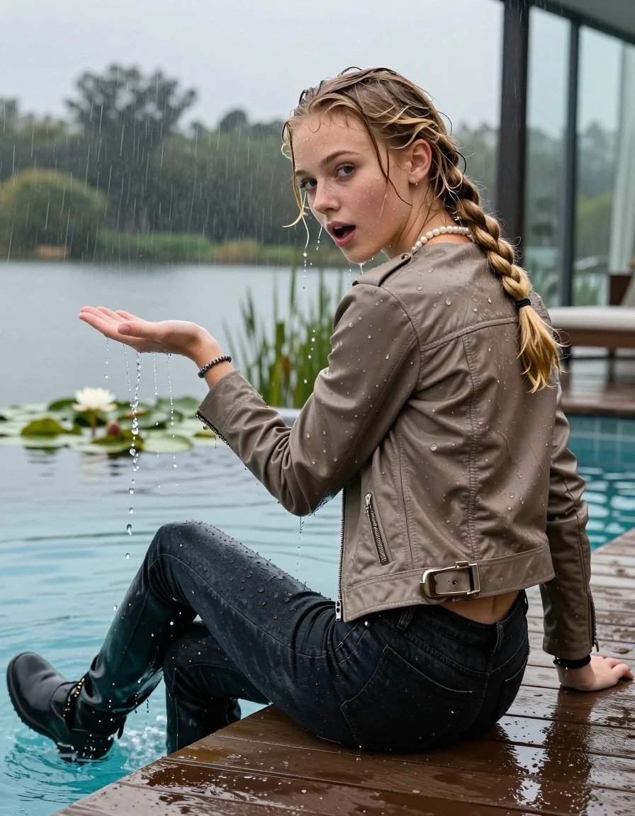 photo of young woman, in soaking wet, drenched clothes,
Black high boots, Dark levis skinny jeans, Light brown biker leatherjacket, tight v-neck sweater, shoulderbag, pearl necklace, bracelet, wristwatch, jetty by the lake with water lilies and reeds, 
enjoying, wet clothes stuck to body,
detailed textures of the wet clothes, wet face, wet plastered hair,
wet, drenched, professional, high-quality details, full body view.
sharp focus, ultra-high pixel detail, realistic, high-quality, full colors, incredibly detailed, 4k, 8k, 16k, hyper-realistic, RAW photo, masterpiece, ultra-detailed, professionally color graded, professional photograph, A realistic vertical fashion photograph taken from a backward, behind-the-back angle of a 12-year-old girl sitting  and slides into a glass-walled outdoor swimming pool, facing down to the camera to show her back. She is tilting her head at camera, letting the water drench her hair so it is glued flat against her head and body. She has  blonde braided hair, completely saturated and dripping wet hair, with water cascading down her face and neck. Horny aroused and astonished expression. Hold a flat hand in Front of her mouse. Slight Open mouth, half closed eyes. The lighting is bright and cinematic, highlighting the glistening water droplets on her skin and the saturated texture of her  casual clothes. Outside the large glass wall of the pool building, heavy rain is visible falling against the window. Soft, moody indoor lighting with reflections on the water. High-quality fashion photography style.
her clothing is soaking wet and clinging tightly to her skin, showing heavy wet folds, darkened fabric texture, and deep water-saturated Patches, her clothes are heavy from the water, water runs from her body and her clothes in streams. A lot of water also runs out of her clothes. Her clothes are darkened by the water. 
hyper-realistic wetness, high-contrast water sheen, sharp focus, 16k resolution, professional photography, realistic water physics., wet skin, wet clothes, damp fabric., wet skin, wet clothes, damp fabric, wet skin, wet clothes, damp fabric, wet skin, wet clothes, damp fabric