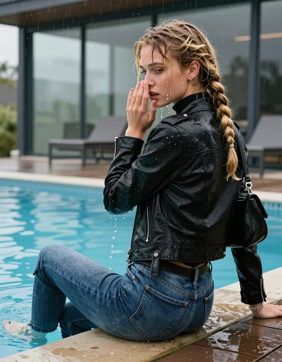 photo of young woman, in soaking wet, drenched clothes,
Flats, Skinny Levis jeans with belt, Black biker leatherjacket, tight knitted turtleneck sweater, shoulderbag, pearl necklace, bracelet, wristwatch, jetty by the pool, 
enjoying, wet clothes stuck to body,
detailed textures of the wet clothes, wet face, wet plastered hair,
wet, drenched, professional, high-quality details, full body view.
sharp focus, ultra-high pixel detail, realistic, high-quality, full colors, incredibly detailed, 4k, 8k, 16k, hyper-realistic, RAW photo, masterpiece, ultra-detailed, professionally color graded, professional photograph, A realistic vertical fashion photograph taken from a backward, behind-the-back angle of two 18-year-old teengirl relaxing  and slides in a glass-walled outdoor swimming pool, facing down to the camera to show her back. 

She is tilting her head back directly at the Camera , letting the water drench her hair so it is glued flat against her head and body. 
She has  blonde braided hair hair with bangs, completely saturated and dripping wet hair, with water cascading down her face and neck. Shy and insecure expression. She is a Little Bit fearful. Hold a flat hand in Front of her mouth. Slight Open mouth, half closed eyes. 

The lighting is bright and cinematic, highlighting the glistening water droplets and the saturated texture of her  casual clothes. Outside the large glass wall of the pool building, heavy rain is visible falling against the window. Soft, moody indoor lighting with reflections on the water. High-quality fashion photography style.
her clothing is soaking wet and clinging tightly to her skin, showing heavy wet folds, darkened fabric texture, and deep water-saturated Patches, her clothes are heavy from the water, water runs from her body and her clothes in streams. A lot of water also runs out of her clothes. Her clothes are darkened by the water. 
hyper-realistic wetness, high-contrast water sheen, sharp focus, 16k resolution, professional photography, realistic water physics., wet skin, wet clothes, damp fabric., wet skin, wet clothes, damp fabric, wet skin, wet clothes, damp fabric, wet skin, wet clothes, damp fabric, wet skin, wet clothes, damp fabric