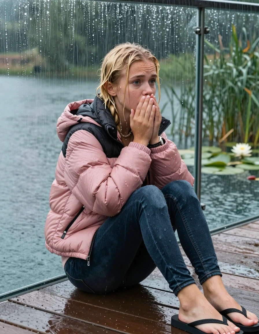photo of young woman, in soaking wet, drenched clothes,
Havaianas, Dark tight skinny Levi’s Jeans , Pink North face puffer down jacket, tight v-neck sweater, shoulderbag, pearl necklace, bracelet, wristwatch, jetty by the lake with water lilies and reeds, sitting under heavy rain, 
enjoying, wet clothes stuck to body,
detailed textures of the wet clothes, wet face, wet plastered hair,
wet, drenched, professional, high-quality details, full body view.
sharp focus, ultra-high pixel detail, realistic, high-quality, full colors, incredibly detailed, 4k, 8k, 16k, hyper-realistic, RAW photo, masterpiece, ultra-detailed, professionally color graded, professional photograph, A realistic vertical fashion photograph taken from a backward, behind-the-back angle of a Young horny 12-year-old teengirl sitting  and slides in a glass-walled outdoor swimming pool, facing to the camera to show her back. 

She is tilting her head at camera, letting the water drench her hair so it is glued flat against her head and body. 
She has  blonde pigtails, completely saturated and dripping wet hair, with water cascading down her face and neck. Worried and Astonished expression. Hold her hands over her mouth and nose. Slight Open mouth, big eyes. 

The lighting is bright and cinematic, highlighting the glistening water droplets and the saturated texture of her  casual clothes. Outside the large glass wall of the pool building, heavy rain is visible falling against the window. Soft, moody indoor lighting with reflections on the water. High-quality fashion photography style.
her clothing is soaking wet and clinging tightly to her skin, showing heavy wet folds, darkened fabric texture, and deep water-saturated Patches, her clothes are heavy from the water, water runs from her body and her clothes in streams. A lot of water also runs out of her clothes. Her clothes are darkened by the water. 
hyper-realistic wetness, high-contrast water sheen, sharp focus, 16k resolution, professional photography, realistic water physics., wet skin, wet clothes, damp fabric., wet skin, wet clothes, damp fabric, wet skin, wet clothes, damp fabric, wet skin, wet clothes, damp fabric, wet skin, wet clothes, damp fabric
