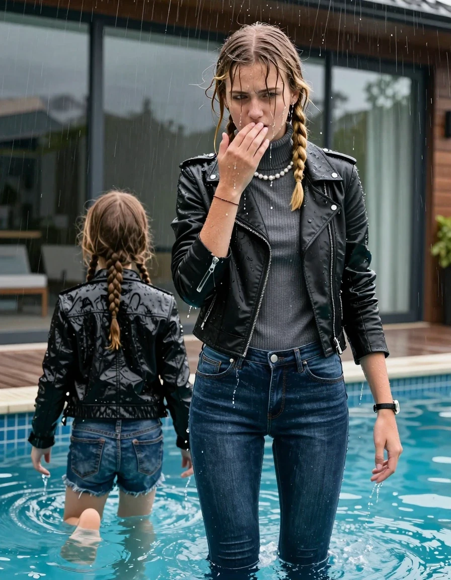 photo of young woman, in soaking wet, drenched clothes,
Flats, Skinny Levis jeans with belt, Black biker leatherjacket, tight knitted turtleneck sweater, shoulderbag, pearl necklace, bracelet, wristwatch, jetty by the pool, 
enjoying, wet clothes stuck to body,
detailed textures of the wet clothes, wet face, wet plastered hair,
wet, drenched, professional, high-quality details, full body view.
sharp focus, ultra-high pixel detail, realistic, high-quality, full colors, incredibly detailed, 4k, 8k, 16k, hyper-realistic, RAW photo, masterpiece, ultra-detailed, professionally color graded, professional photograph, A realistic vertical fashion photograph taken from a backward, behind-the-back angle of two 10-year-old teengirl relaxing  and slides in a glass-walled outdoor swimming pool, facing down to the camera to show her back. 

She is tilting her head back directly at the Camera , letting the water drench her hair so it is glued flat against her head and body. 
She has  blonde braided hair hair with bangs, completely saturated and dripping wet hair, with water cascading down her face and neck. Shy and insecure expression. She is a Little Bit fearful. Hold a flat hand in Front of her mouth. Slight Open mouth, half closed eyes. 

The lighting is bright and cinematic, highlighting the glistening water droplets and the saturated texture of her  casual clothes. Outside the large glass wall of the pool building, heavy rain is visible falling against the window. Soft, moody indoor lighting with reflections on the water. High-quality fashion photography style.
her clothing is soaking wet and clinging tightly to her skin, showing heavy wet folds, darkened fabric texture, and deep water-saturated Patches, her clothes are heavy from the water, water runs from her body and her clothes in streams. A lot of water also runs out of her clothes. Her clothes are darkened by the water. 
hyper-realistic wetness, high-contrast water sheen, sharp focus, 16k resolution, professional photography, realistic water physics., wet skin, wet clothes, damp fabric., wet skin, wet clothes, damp fabric, wet skin, wet clothes, damp fabric, wet skin, wet clothes, damp fabric, wet skin, wet clothes, damp fabric