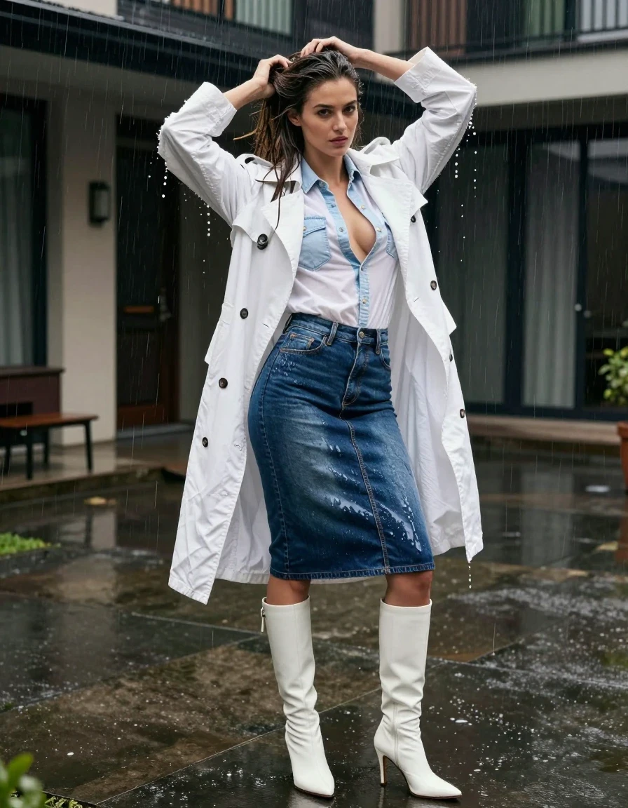 A candid paparazzi medium-shot of a young adult European woman in a dimly lit apartment courtyard during heavy rain. She is wringing out her long wet hair, looking sexily at the camera, with her shirt undone to reveal her breasts. She wears an oversized white cotton trench coat over a white denim shirt and a tight indigo blue denim skirt. The skirt is made of soaking-wet blue denim, water-saturated heavyweight denim, blue changed to deep navy and indigo, substantially darker unevenly soaked patches, absorbed water, heavy wet folds, visible weave and stitching, and strong glossy specular reflections on the raised weave, seams, and creases. She is wearing white leather stiletto knee-high boots. The concrete floor is wet and highly reflective, mirroring the urban environment. Heavy rain creates a wet sheen on all fabrics and skin. Photographed with a 35mm lens, sharp focus, natural night lighting, urban atmosphere, high-quality photographic realism, clean anatomy, no lingerie, no underwear, no art, no illustration, no cartoon, no low quality, no distortion, no blur, no monochrome.