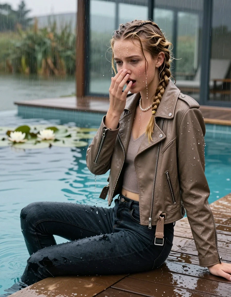 photo of young woman, in soaking wet, drenched clothes,
Black heels, Dark levis skinny jeans, Light brown biker leatherjacket, tight v-neck sweater, shoulderbag, pearl necklace, bracelet, wristwatch, jetty by the lake with water lilies and reeds, 
enjoying, wet clothes stuck to body,
detailed textures of the wet clothes, wet face, wet plastered hair,
wet, drenched, professional, high-quality details, full body view.
sharp focus, ultra-high pixel detail, realistic, high-quality, full colors, incredibly detailed, 4k, 8k, 16k, hyper-realistic, RAW photo, masterpiece, ultra-detailed, professionally color graded, professional photograph, A realistic vertical fashion photograph taken from a backward, behind-the-back angle of a 12-year-old girl sitting  and slides into a glass-walled outdoor swimming pool, facing down to the camera to show her back. She is tilting her head at camera, letting the water drench her hair so it is glued flat against her head and body. She has  blonde braided hair, completely saturated and dripping wet hair, with water cascading down her face and neck. Afraid and astonished expression. Hold a hand in Front of her nose. Slight Open mouth, half closed eyes. The lighting is bright and cinematic, highlighting the glistening water droplets on her skin and the saturated texture of her  casual clothes. Outside the large glass wall of the pool building, heavy rain is visible falling against the window. Soft, moody indoor lighting with reflections on the water. High-quality fashion photography style.
her clothing is soaking wet and clinging tightly to her skin, showing heavy wet folds, darkened fabric texture, and deep water-saturated Patches, her clothes are heavy from the water, water runs from her body and her clothes in streams. A lot of water also runs out of her clothes. Her clothes are darkened by the water. 
hyper-realistic wetness, high-contrast water sheen, sharp focus, 16k resolution, professional photography, realistic water physics., wet skin, wet clothes, damp fabric., wet skin, wet clothes, damp fabric, wet skin, wet clothes, damp fabric, wet skin, wet clothes, damp fabric