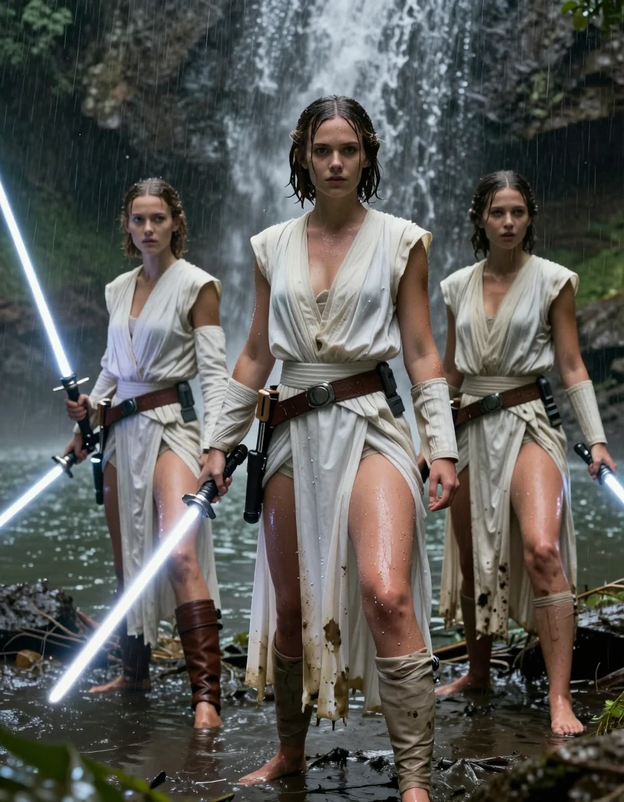 photo of young woman, in soaking wet, drenched clothes,
barefeed, star wars princess leia outfit,  water fall with aswamp lake, with a dark jungle in the background, Star Wars style, 
enjoying, wet clothes stuck to body,
detailed textures of the wet clothes, wet face, wet plastered hair,
wet, drenched, professional, high-quality details, full body view.
sharp focus, ultra-high pixel detail, realistic, high-quality, full colors, incredibly detailed, 4k, 8k, 16k, hyper-realistic, RAW photo, masterpiece, ultra-detailed, professionally color graded, professional photograph, a young nordic girl wears a princess leia style white outfit an princess leia hair style. next to her are two jedi knight girls wearing also white clothes an no shoes. the girls stand under a waterfall holding star wars light sabers in their hand. the are ready to fight. the clothes of the three girls are completly drenched and dirty and muddy from the swamp. the girls wear no bra. her big breasts are visible through the seethrough Dress. on the picture ist heavy rain. wet skin, wet hair, wet clothes, damp fabric, wet skin, wet clothes, damp fabric., wet skin, wet clothes, damp fabric