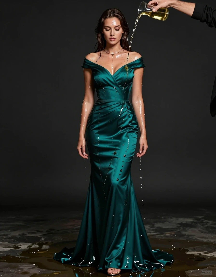 A stunning young adult European woman with a sexy, toned physique standing in a luxurious setting, wearing a floor-length emerald teal formal gown with short cap sleeves and a thin plain necklace. The fabric of the gown is heavily soaked with oil, causing it to cling to her body, deepening the emerald teal color into rich, dark tones, highlighting the texture and heavy, wet folds of the fabric with strong glossy specular reflections. Her skin and hair are glistening with a thick, viscous sheen of oil. A man is captured in the act of pouring a continuous stream of clear, reflective oil over her, with droplets and rivulets running down her shoulders and dress. She is wearing high heels, and the scene is captured with cinematic lighting that emphasizes the wet, reflective surfaces and the interplay of light on the oil-coated skin and fabric. Photorealistic, 8k resolution, sharp focus on the wet textures and the flowing liquid, high-end fashion photography style.