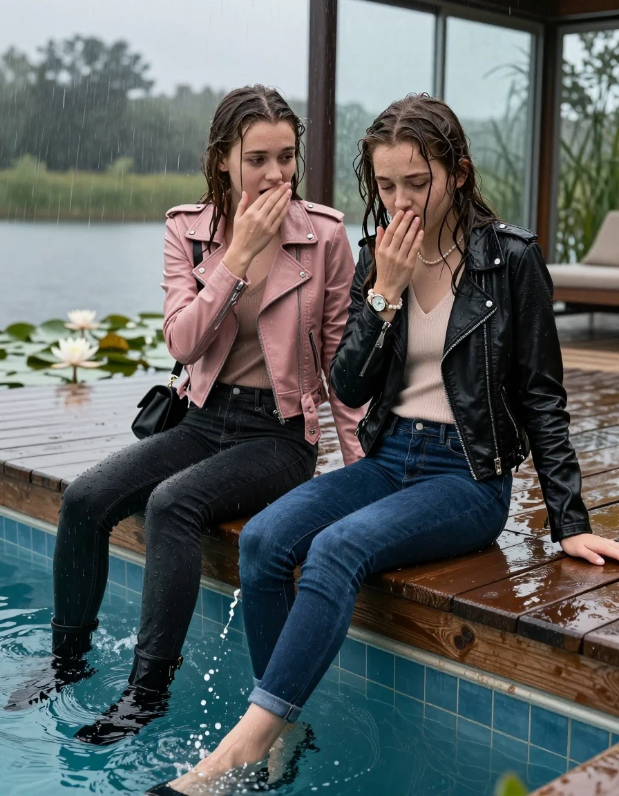 photo of young woman, in soaking wet, drenched clothes,
, ,  tight v-neck sweater, shoulderbag, pearl necklace, bracelet, wristwatch, jetty by the lake with water lilies and reeds, 
enjoying, wet clothes stuck to body,
detailed textures of the wet clothes, wet face, wet plastered hair,
wet, drenched, professional, high-quality details, full body view.
sharp focus, ultra-high pixel detail, realistic, high-quality, full colors, incredibly detailed, 4k, 8k, 16k, hyper-realistic, RAW photo, masterpiece, ultra-detailed, professionally color graded, professional photograph, A realistic vertical fashion photograph taken from a backward, behind-the-back angle of two 13-year-old girls with different outfits sitting  and slides into the water of a glass-walled outdoor swimming pool. One wears a light pink leatherjacket, dark levis skinny jeans and boots. One wears a black leatherjacket, dark blue skinny jeans and black heels. facing down to the camera to show her back. She is tilting her head at camera, letting the water drench her hair so it is glued flat against her body. She has completely saturated and dripping wet hair. Afraid and astonished expression. One hold her hand over the mouth and nose of the other girl. half closed eyes. The lighting is bright and cinematic, highlighting the glistening water droplets on her skin and the saturated texture of her  casual clothes. Outside the large glass wall of the pool building, heavy rain is visible falling against the window. Soft, moody indoor lighting with reflections on the water. High-quality fashion photography style.
her clothing is soaking wet and clinging tightly to her skin, showing heavy wet folds, darkened fabric texture, and deep water-saturated Patches, her clothes are heavy from the water, water runs from her body and her clothes in streams. A lot of water also runs out of her clothes. Her clothes are darkened by the water. 
hyper-realistic wetness, high-contrast water sheen, sharp focus, 16k resolution, professional photography, realistic water physics., wet skin, wet clothes, damp fabric., wet skin, wet clothes, damp fabric, wet skin, wet clothes, damp fabric